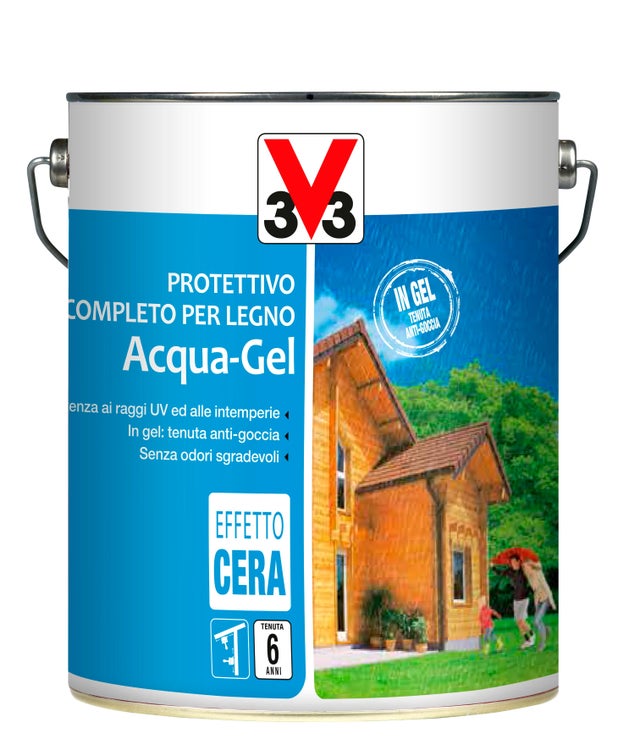 Impregnante per legno da esterno a base acqua V33 Acqua-Gel noce chiaro satinato 5 lt, 6 anni di protezione.