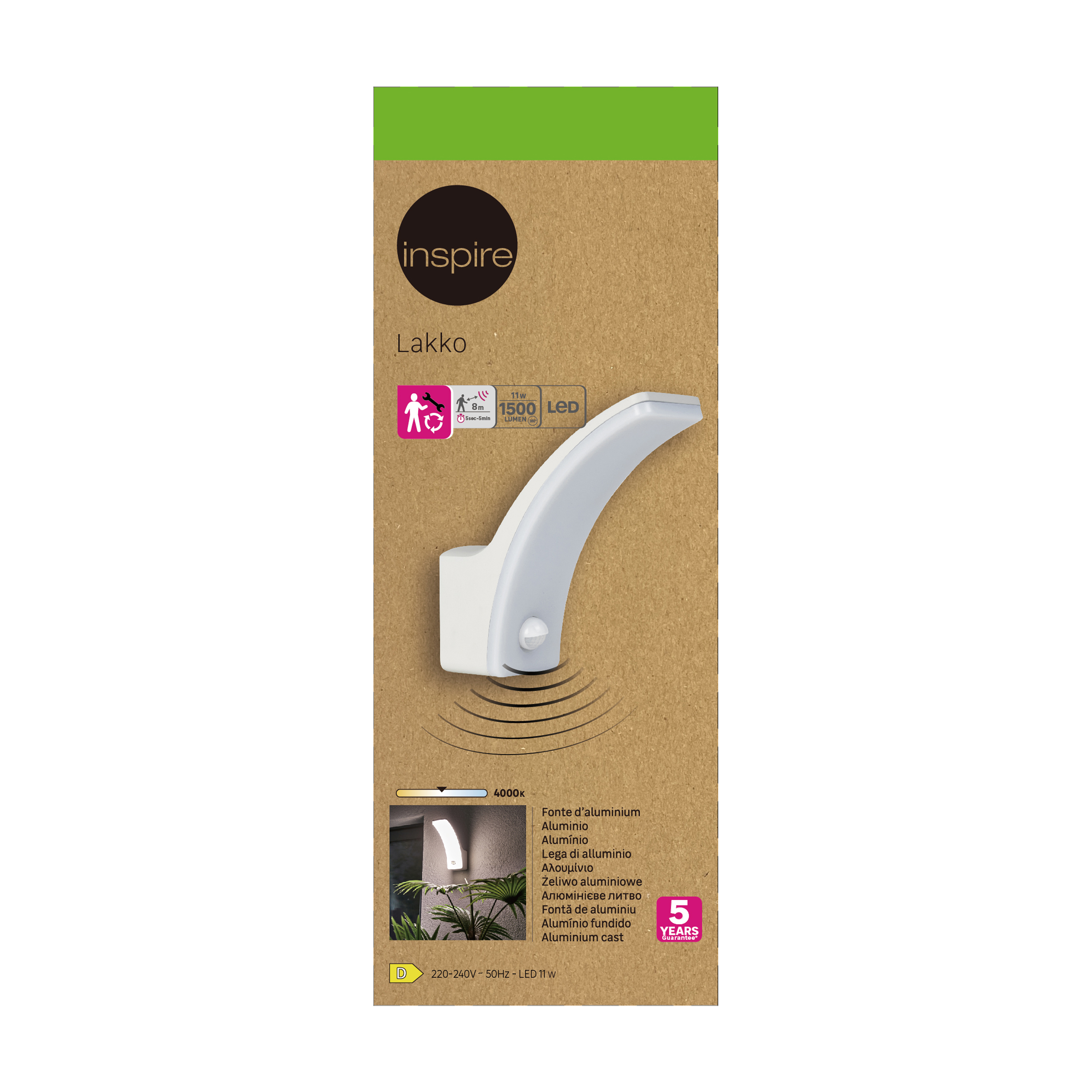 Applique LED moderno da esterno Lakko bianco IP44 con sensore di movimento, luce bianco naturale 1500 lumen, INSPIRE - 11