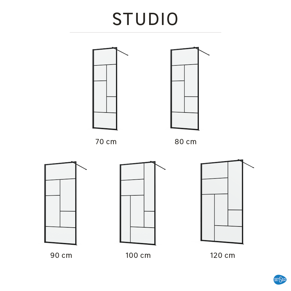 Mampara de ducha fija Studio perfil aluminio negro (97-98.5)x200 cm cristal templado 8mm transparente antical reversible. Barra fijación muro o techo recortable incluida Sensea - 4