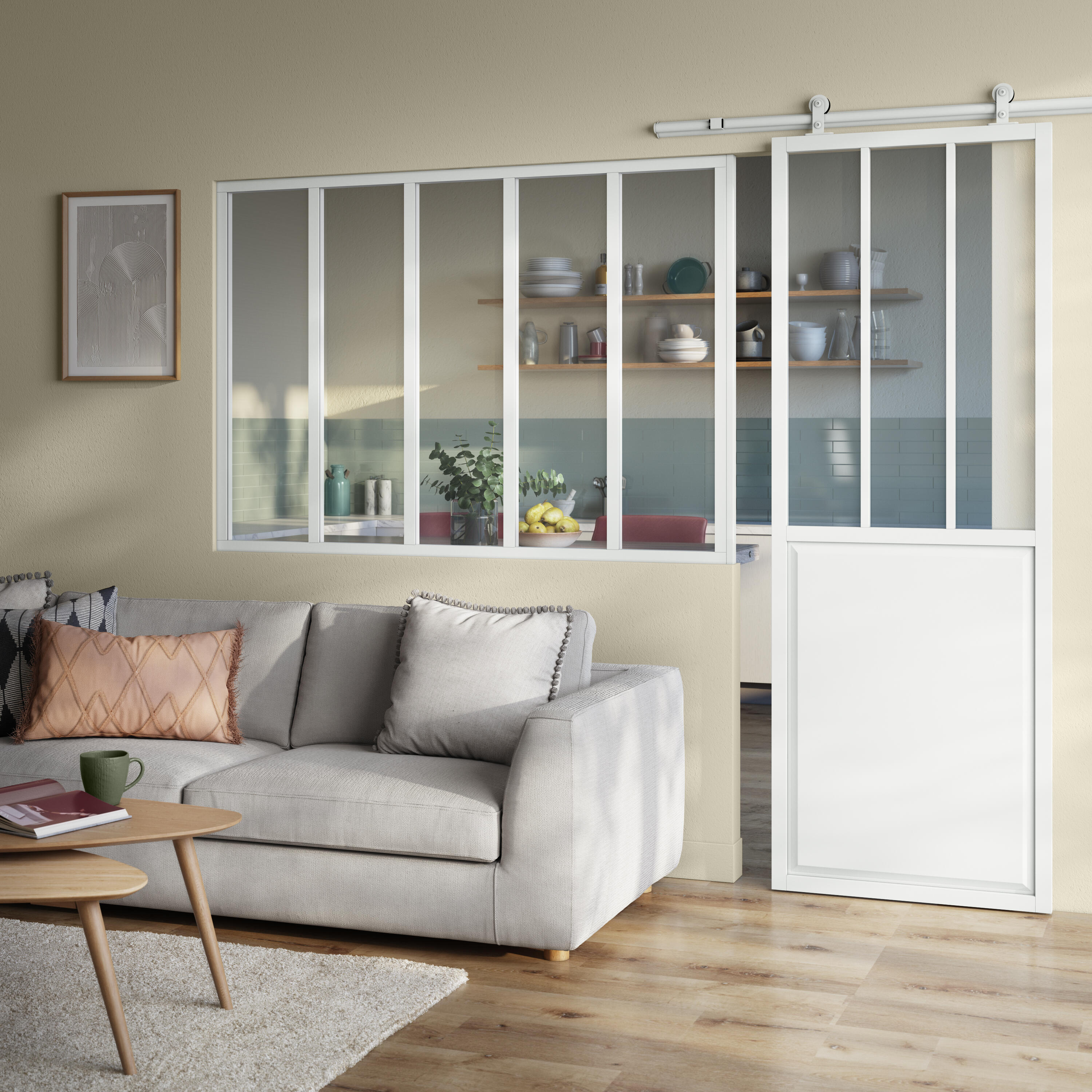 Verrière Atelier fixe en aluminium blanc mat 5 carreaux, H.130 x l.153 c - 6