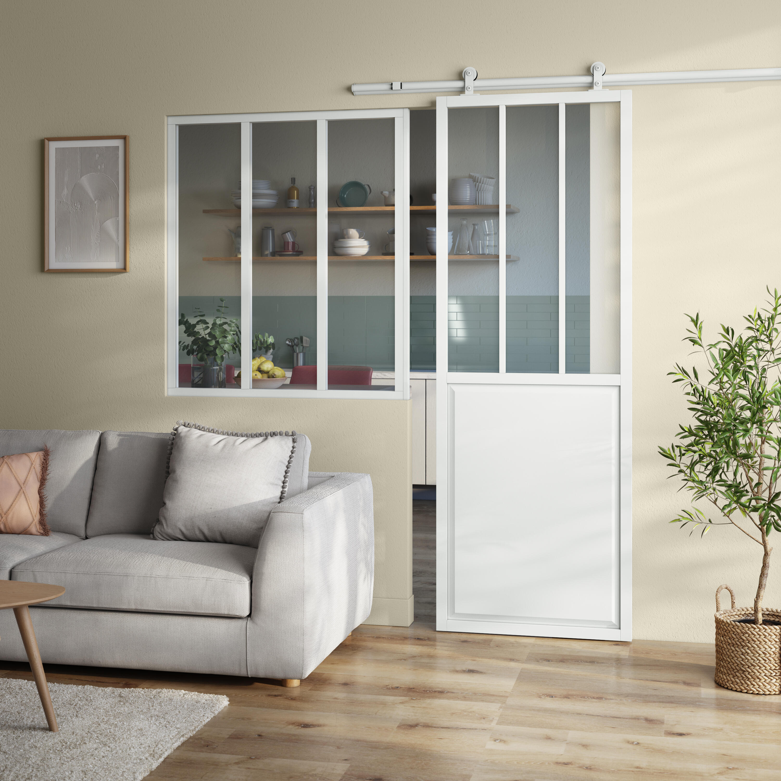 vidrio de taller blanco, puerta de taller blanca, interior de estilo industrial, vidrio original  - 5