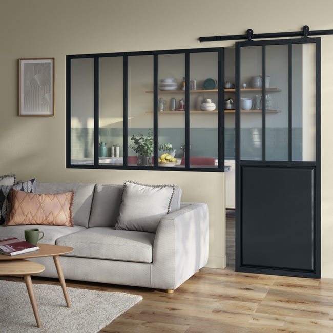 Verrière Atelier fixe en aluminium gris mat carreaux, x l