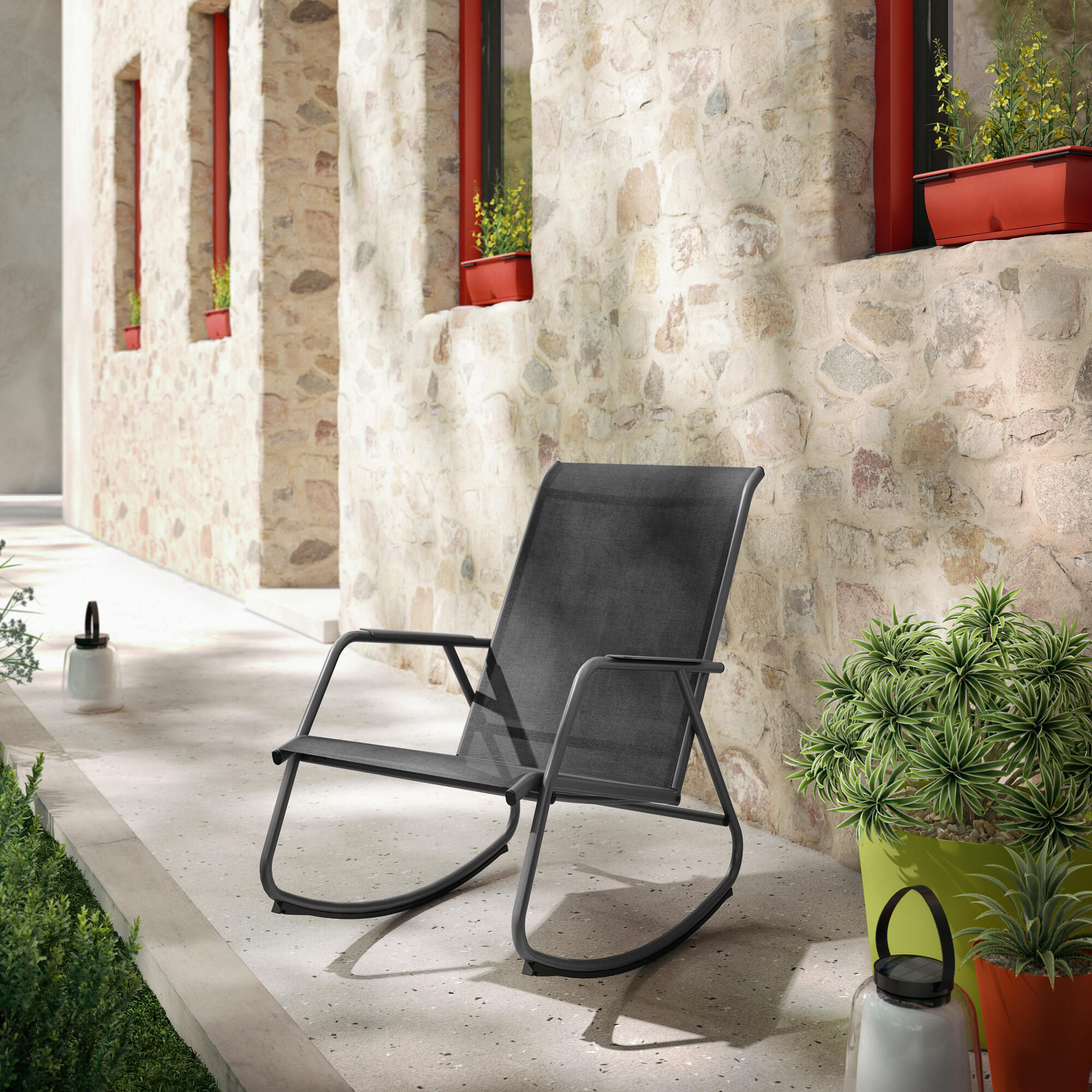 Sedia a dondolo da giardino con cuscino grigio e braccioli Lyco NATERIAL struttura in acciaio nero, seduta in textilene antracite - 8