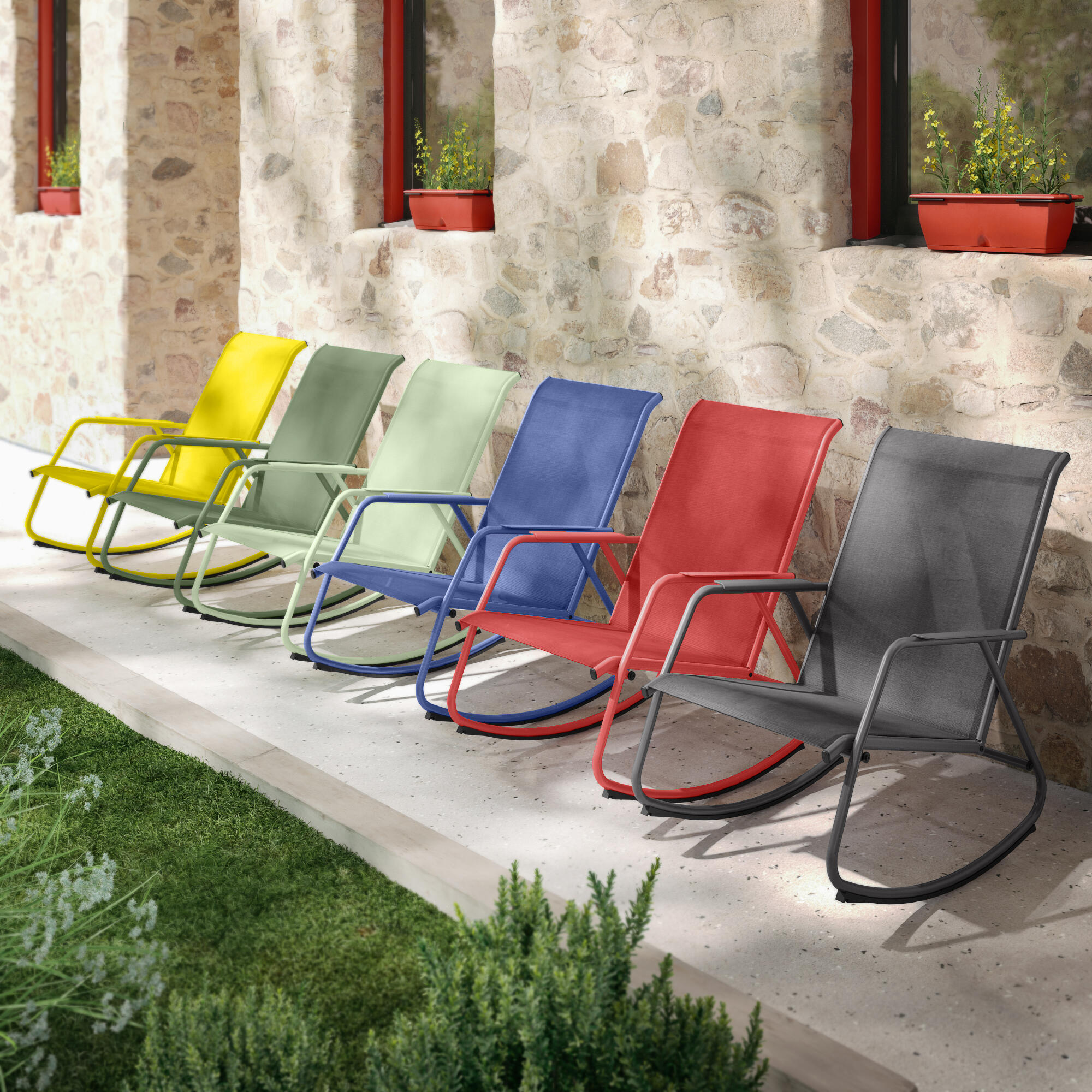 Sedia a dondolo da giardino con cuscino grigio e braccioli Lyco NATERIAL struttura in acciaio, seduta in textilene verde - 5