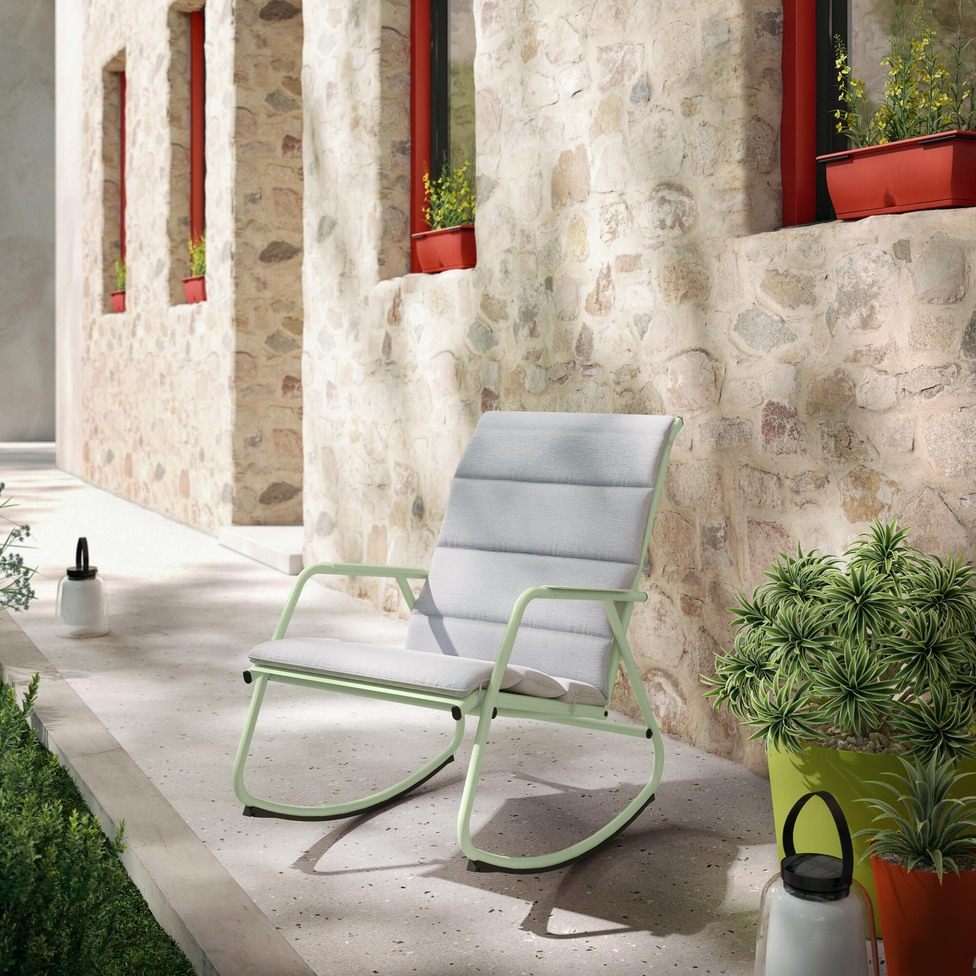 Sedia a dondolo da giardino con cuscino grigio e braccioli Lyco NATERIAL struttura in acciaio, seduta in textilene verde - 4