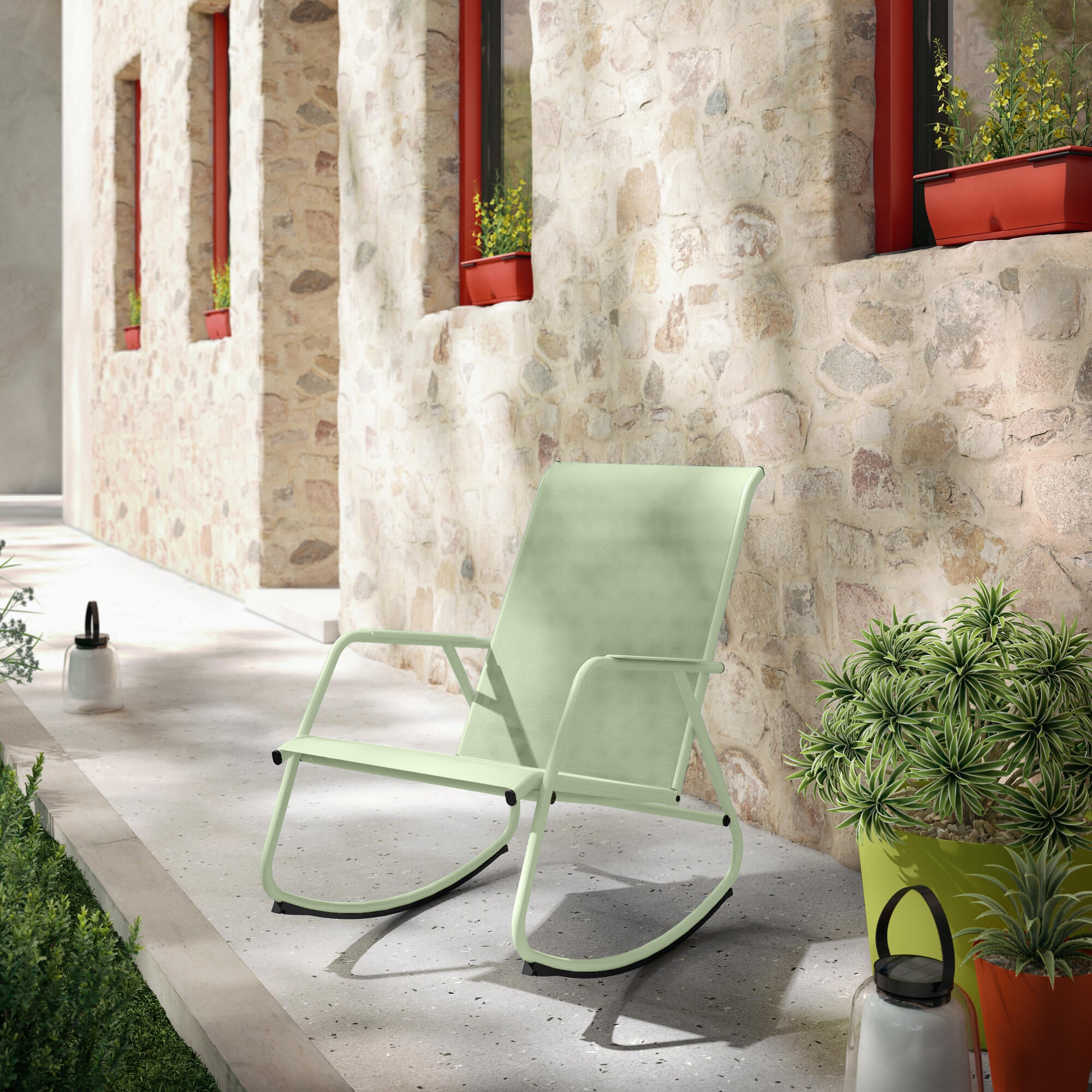 Sedia a dondolo da giardino con cuscino grigio e braccioli Lyco NATERIAL struttura in acciaio, seduta in textilene verde - 3