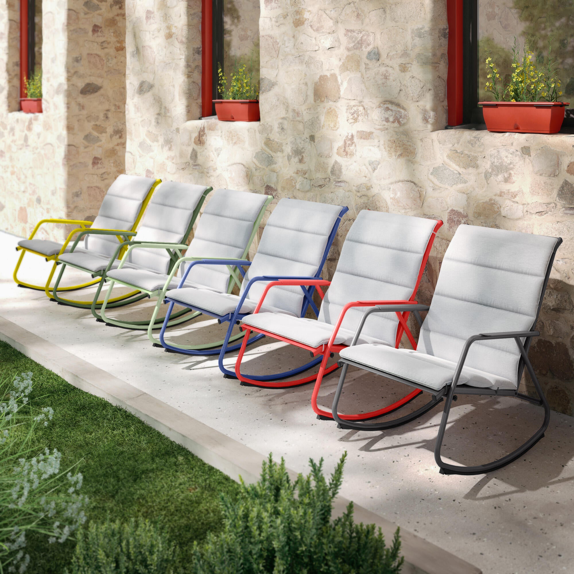 Sedia a dondolo da giardino con cuscino grigio e braccioli Lyco NATERIAL struttura in acciaio, seduta in textilene verde - 2