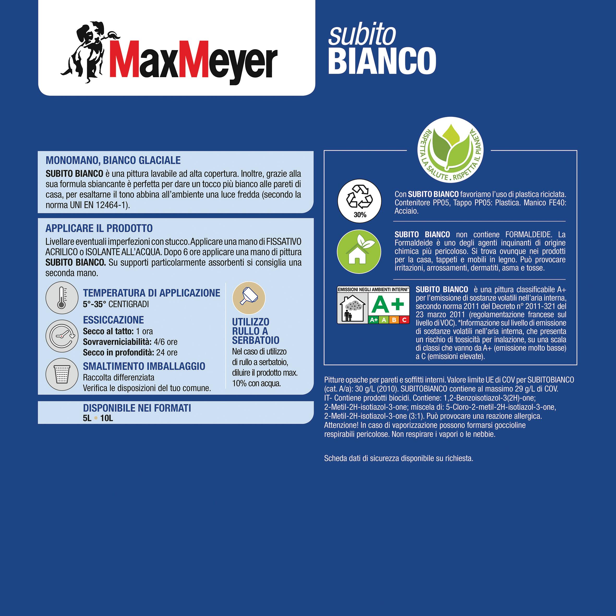 Pittura per interni lavabile, MAXMEYER Subito Bianco A+ bianco opaco, 5 L - 5