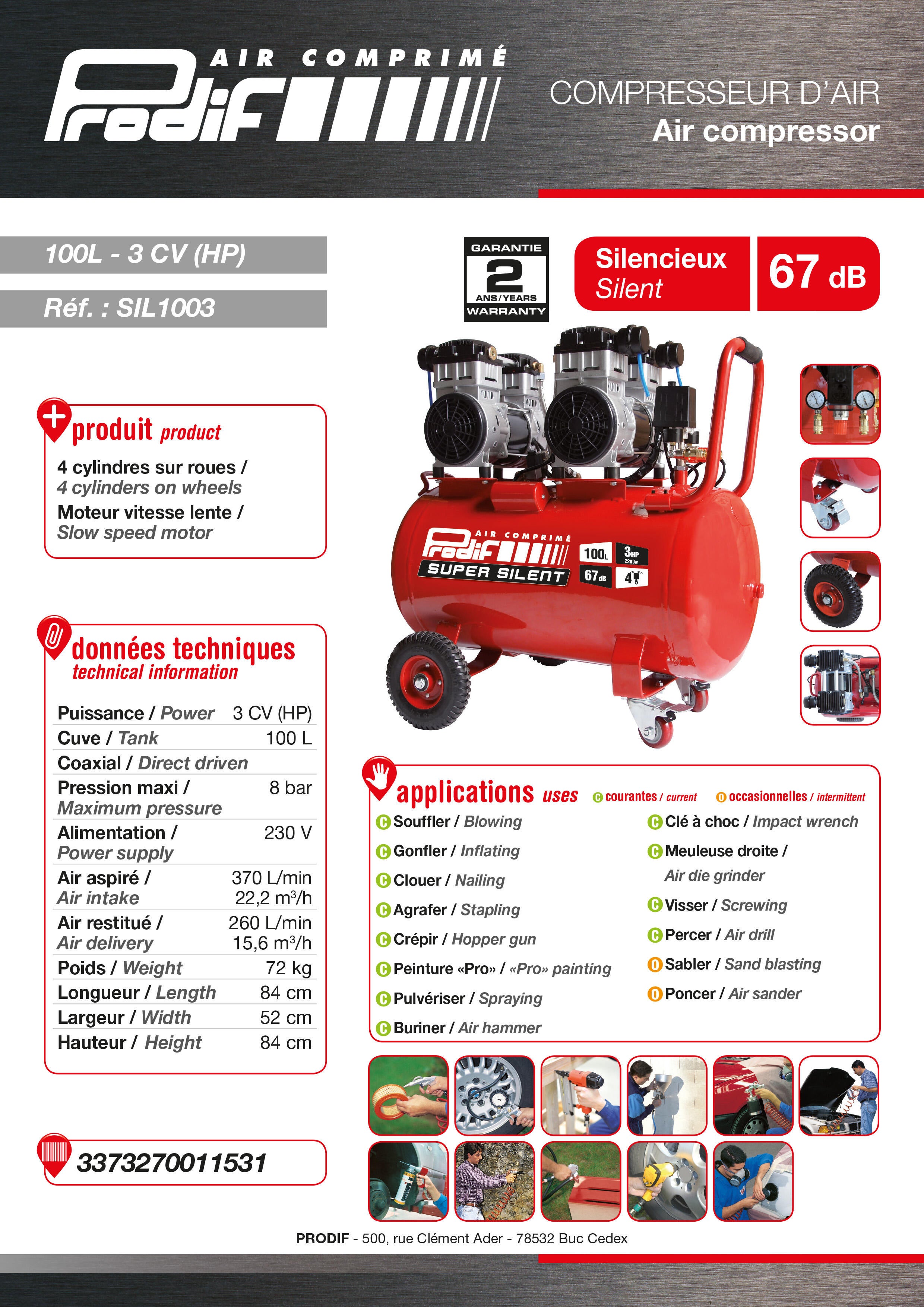 Compresseur 100L 3CV 8 bars silencieux sans huile SIL1003 PRODIF - 2