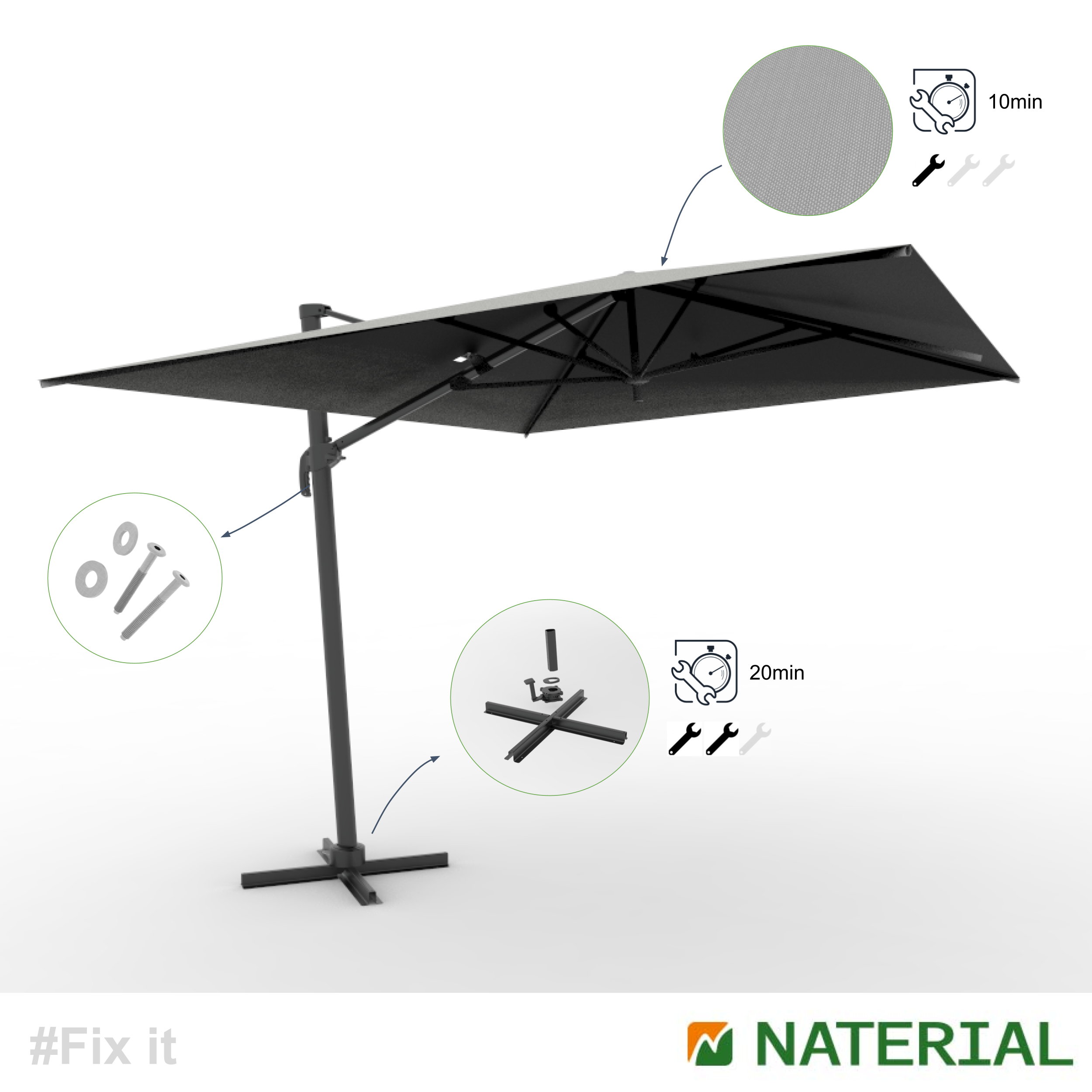 Ombrellone a palo laterale grigio Aura NATERIAL con telo quadrato antracite L 286 x P 286 x H 264 cm - 25