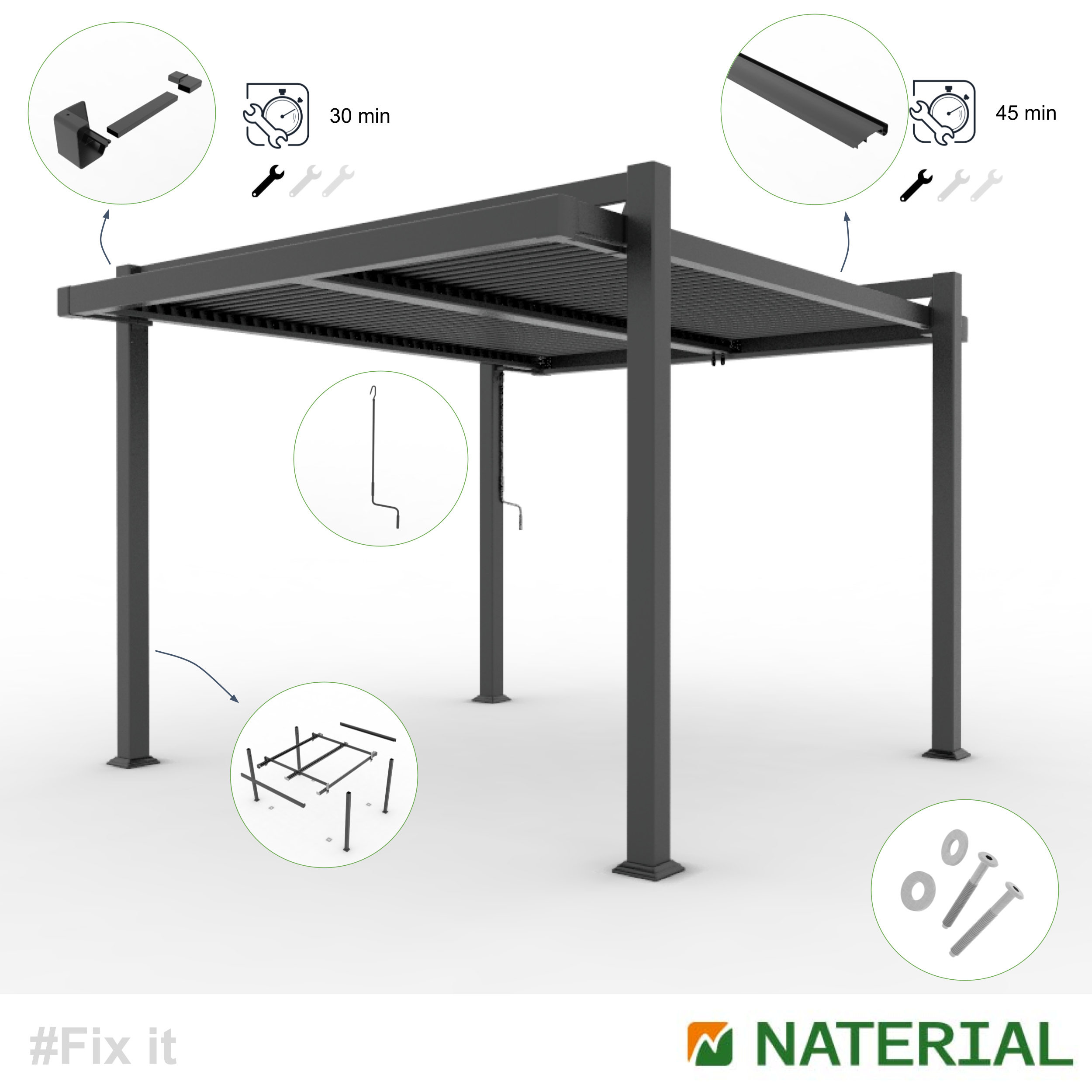 Pergola autoportante NATERIAL Odyssea / persea aluminium blanc, 11.52 m² - 13