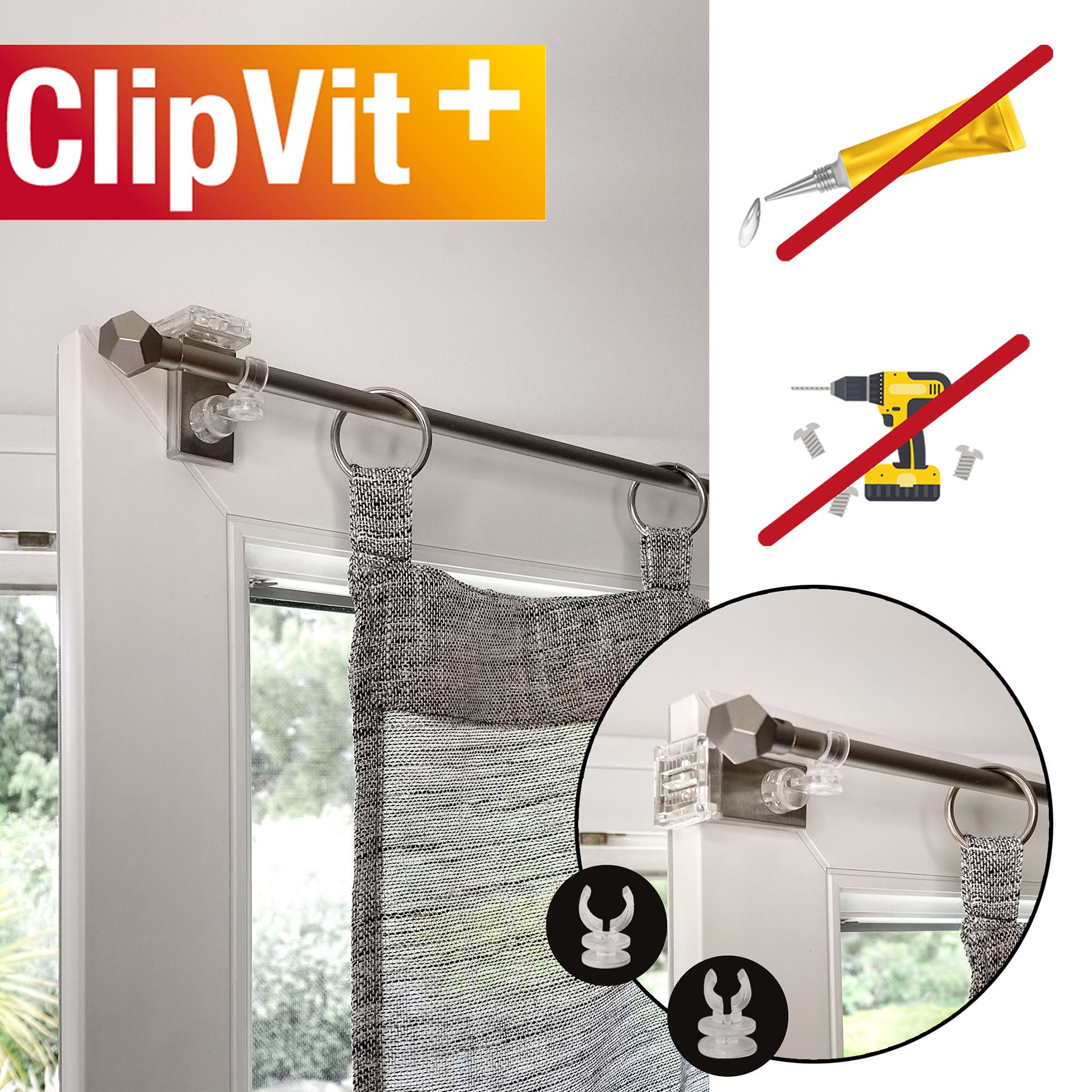 Lot de 2 supports sans perçage vitrage Clip'vit, 10 mm transparent brut MOBOIS - 5