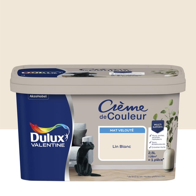 Peinture mur, boiserie lin blanc mat DULUX VALENTINE Crème de couleur 2.5L