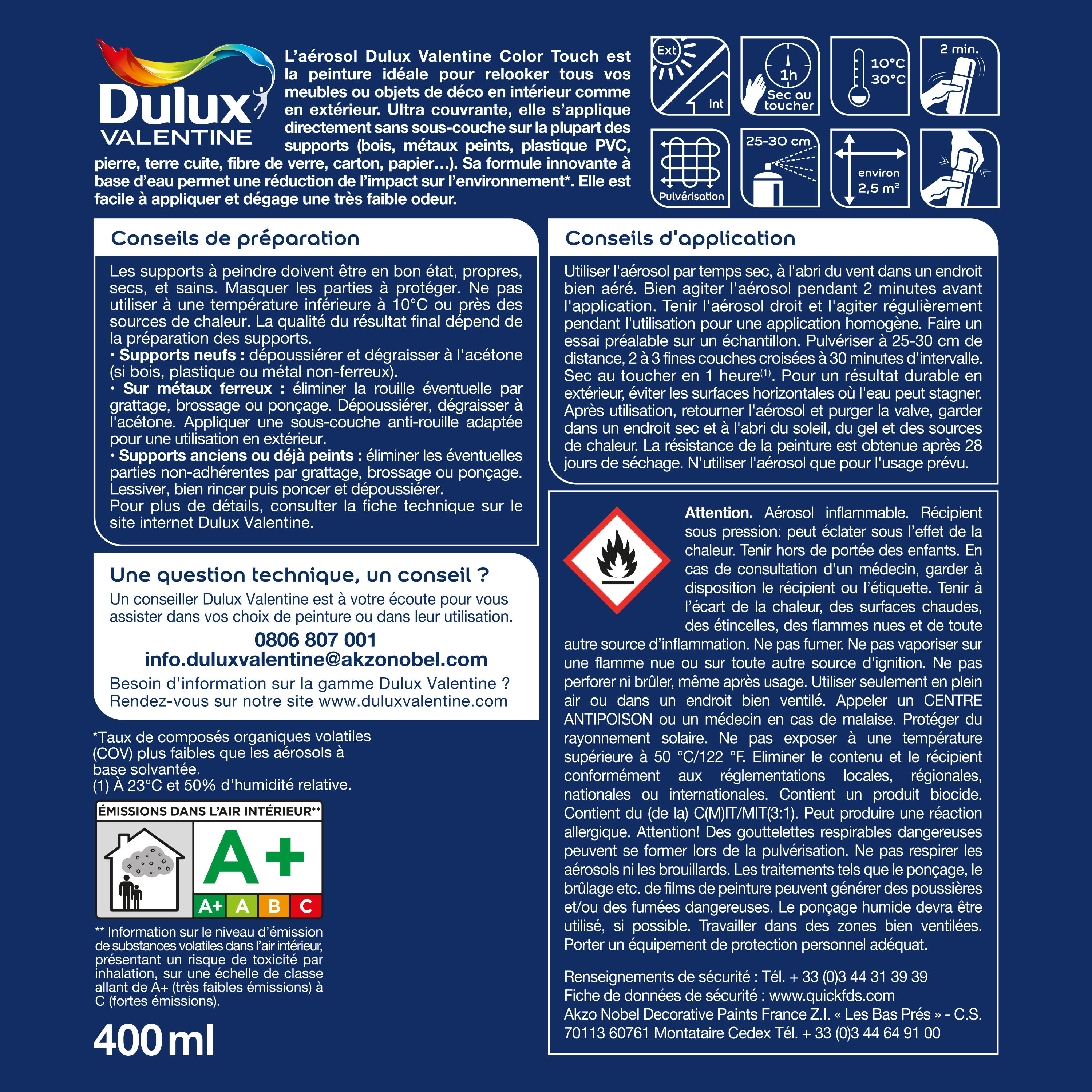 Bombe de peinture Color touch DULUX VALENTINE noir RAL 9005 mat 400 ml - 8