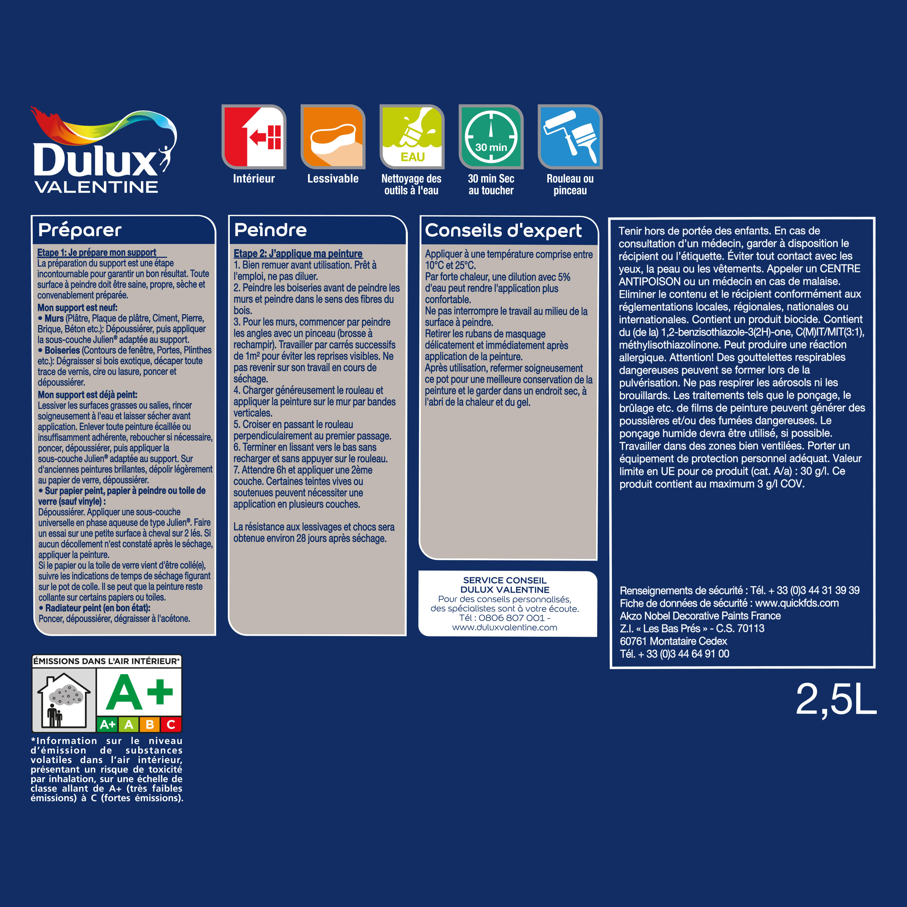 Peinture mur, boiserie matin blanc satin DULUX VALENTINE Crème de couleur 2.5L - 6