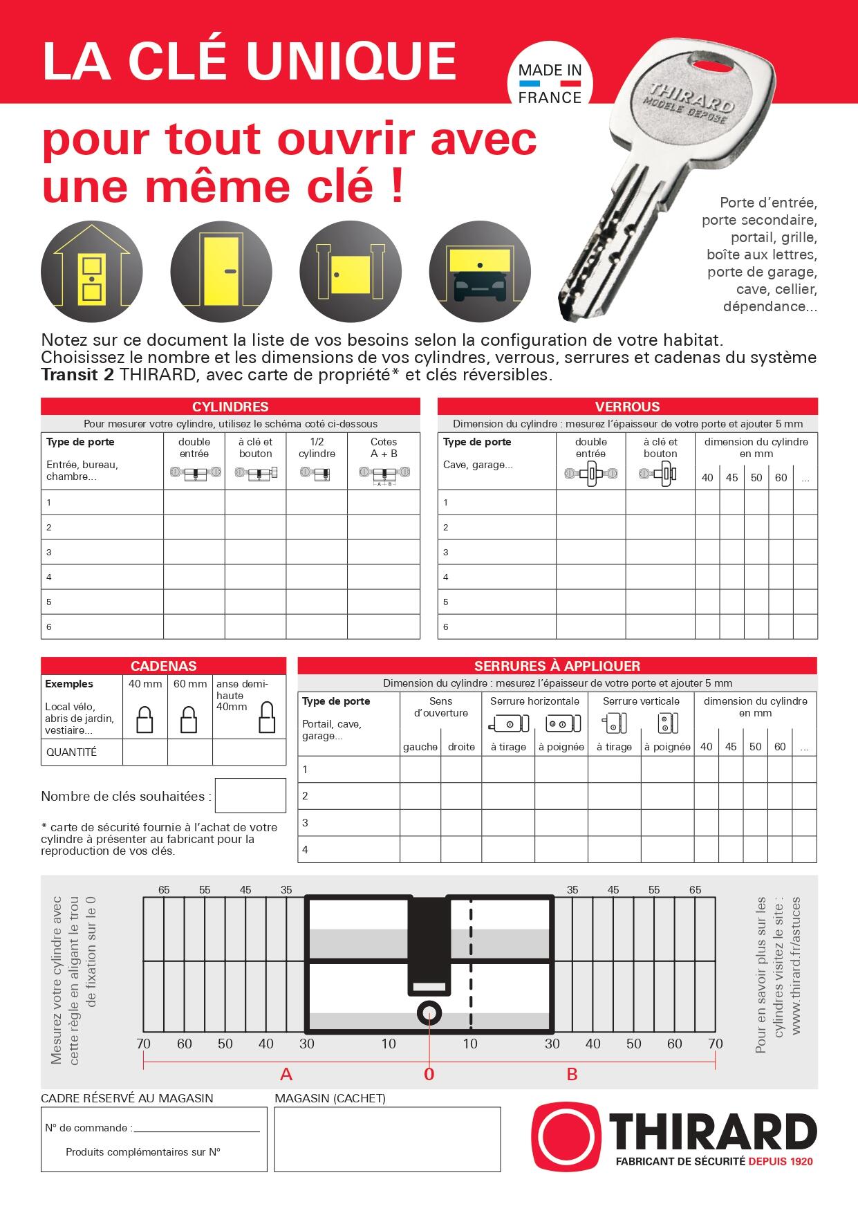 Cylindre THIRARD T2 débrayable L.30 + 40mm 5 clés - 5