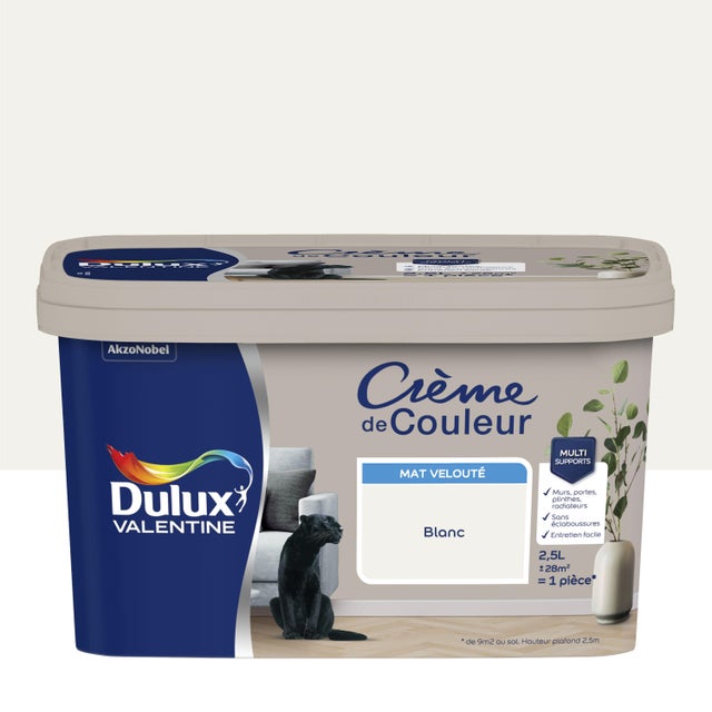 Peinture mur, boiserie blanc mat DULUX VALENTINE Crème de couleur 2.5L