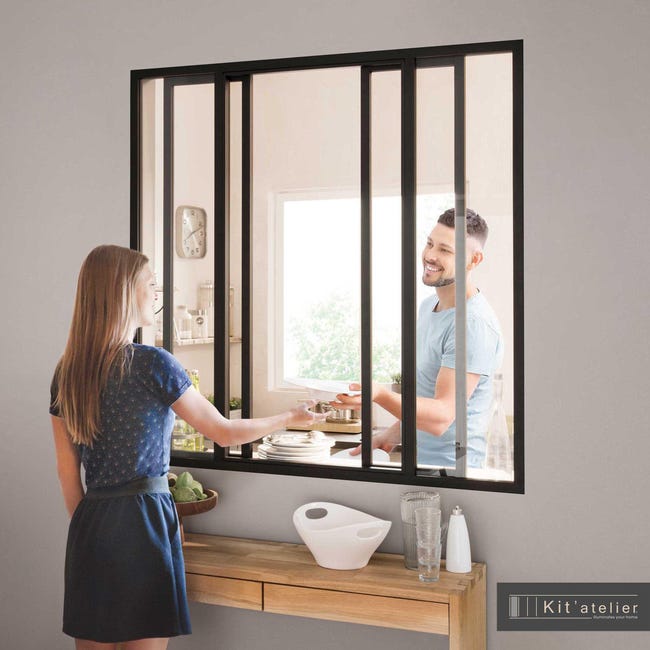 Verrière coulissante en aluminium noir sablé carreaux, x l