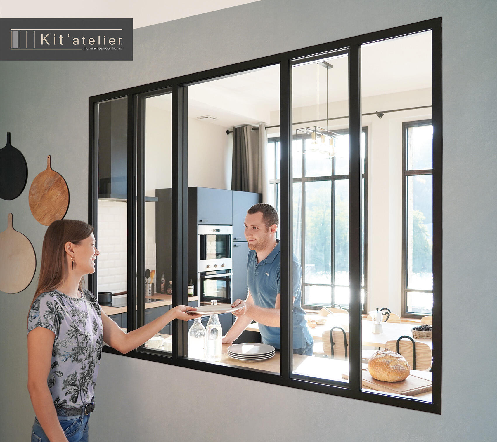 Verrière coulissante en aluminium noir sablé carreaux, x l