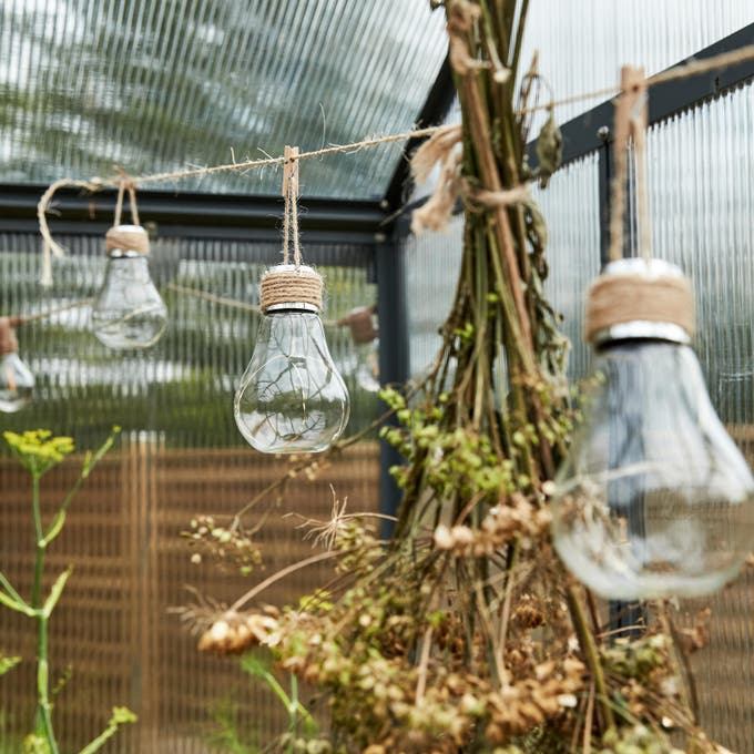 photo d'ampoules solaires à suspendre dans une serre