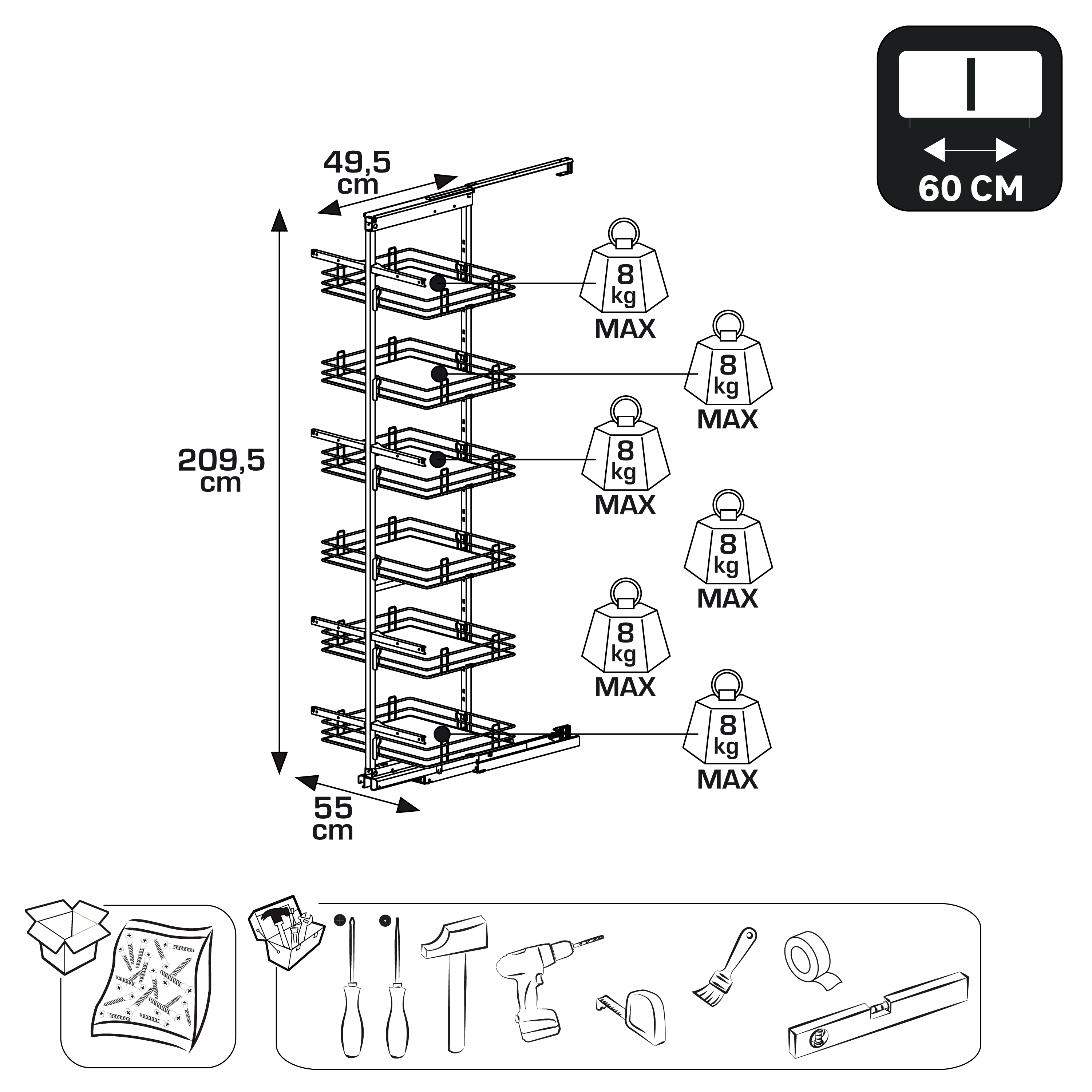 Rangement coulissant, colonne 6 paniers pour meuble l.60 cm / colonne l. 60 cm - 4