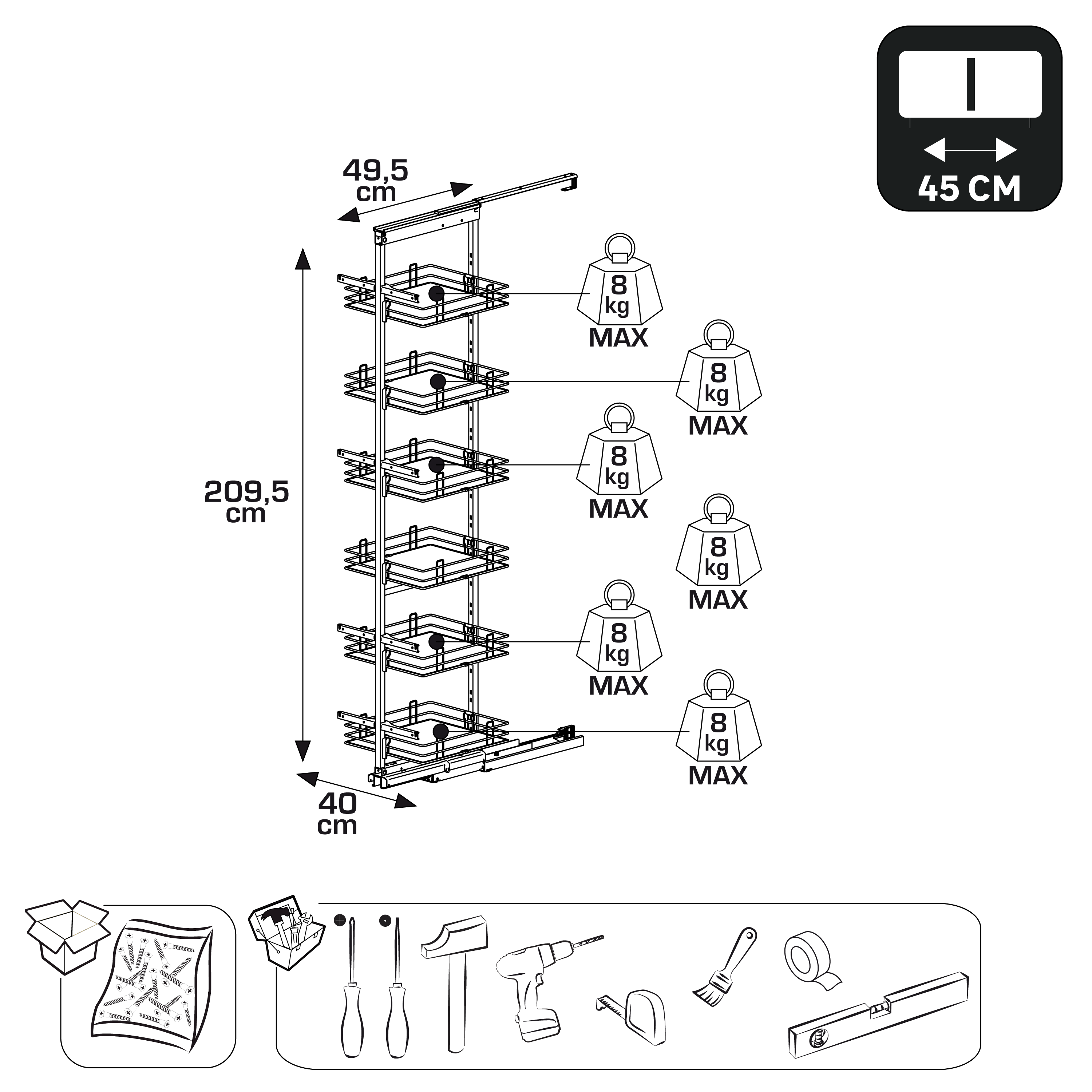 Rangement coulissant, colonne 6 paniers pour meuble l.45 cm - 3