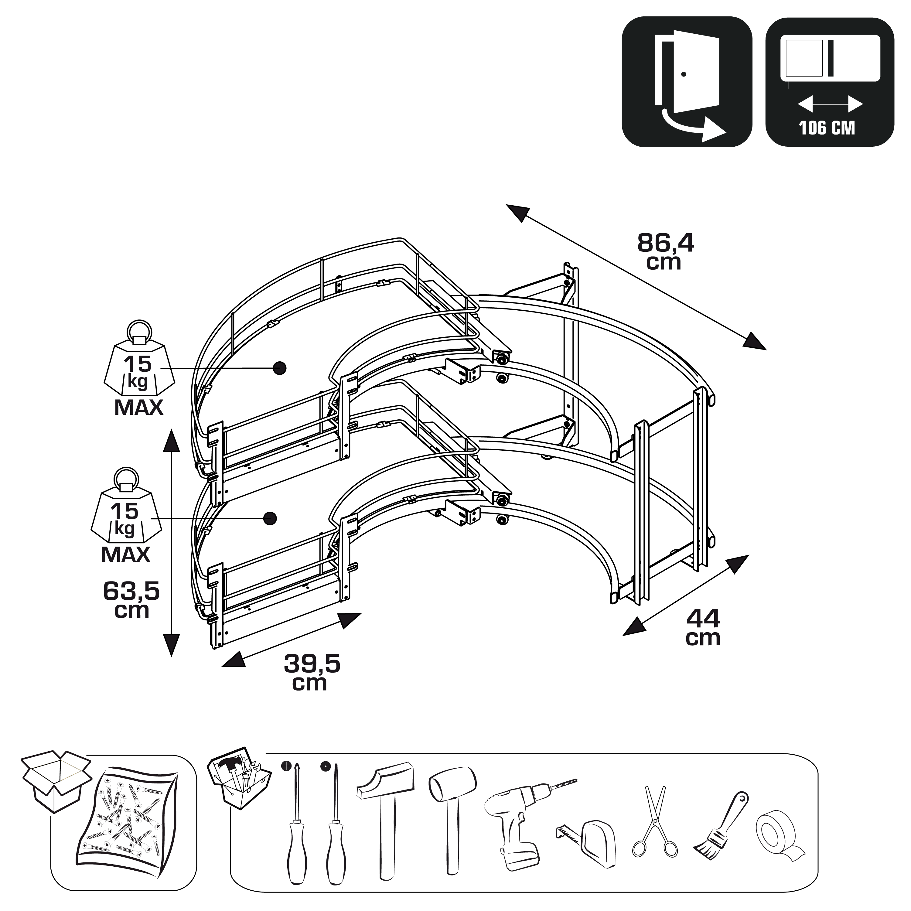 Rangement d'angle, 2 paniers tirant gauche pour meuble d'angle bas - 4