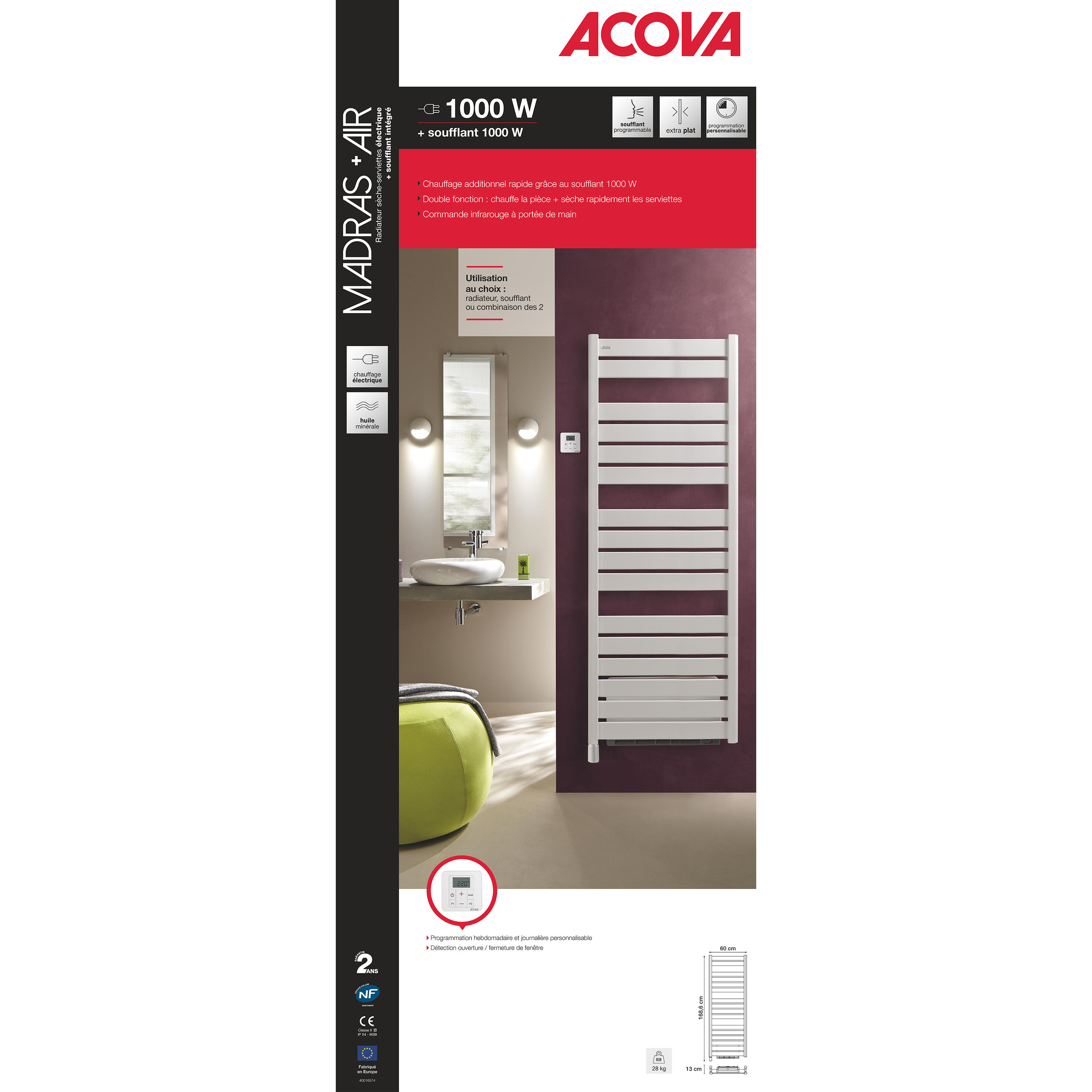 Sèche-serviettes électrique soufflant ACOVA 1000 + 1000W Madras air blanc - 8