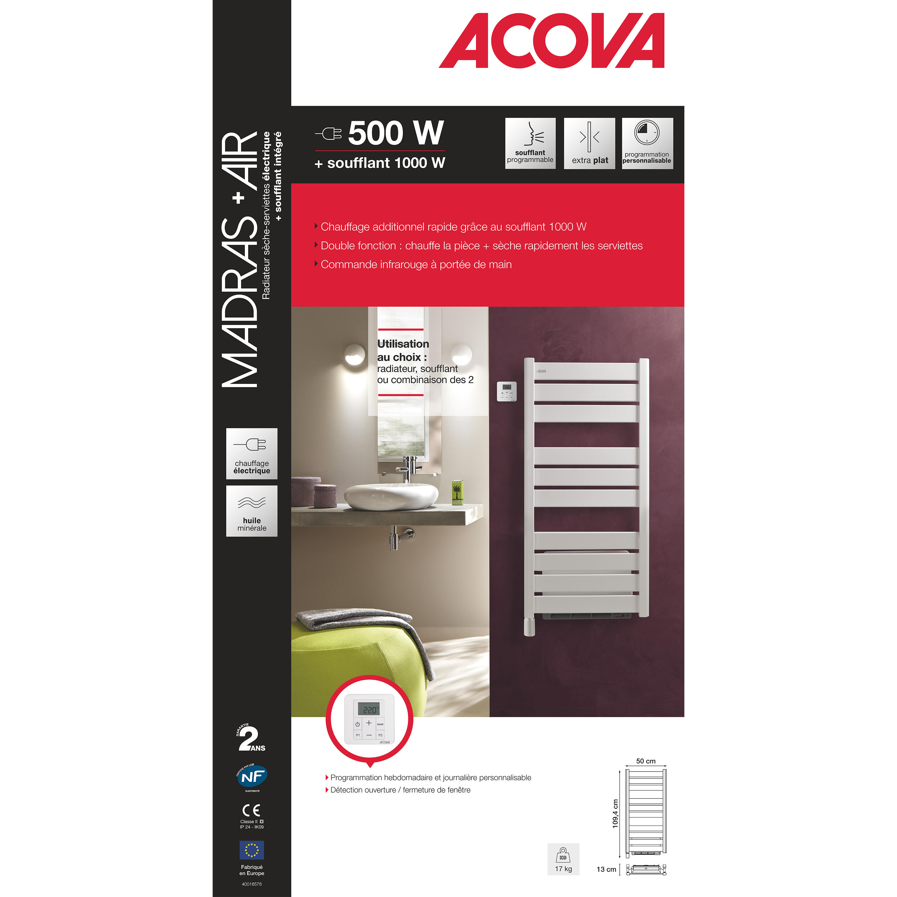 Sèche-serviettes électrique avec soufflerie ACOVA Madras air 500 + 1000W - 8