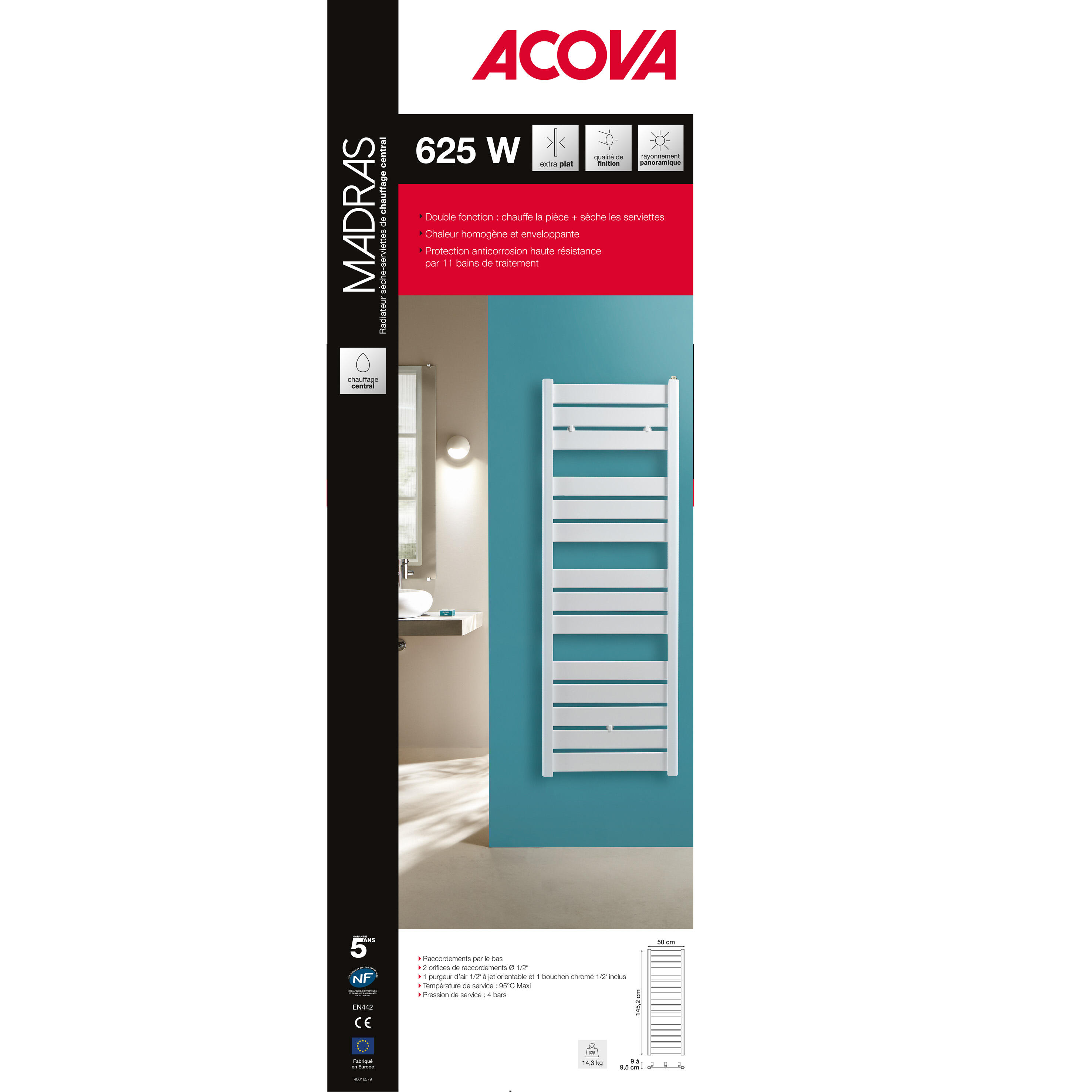 Sèche-serviettes à eau chaude eau chaude ACOVA, 625 W, H.145.2 x l.50 cm Madras  - 7