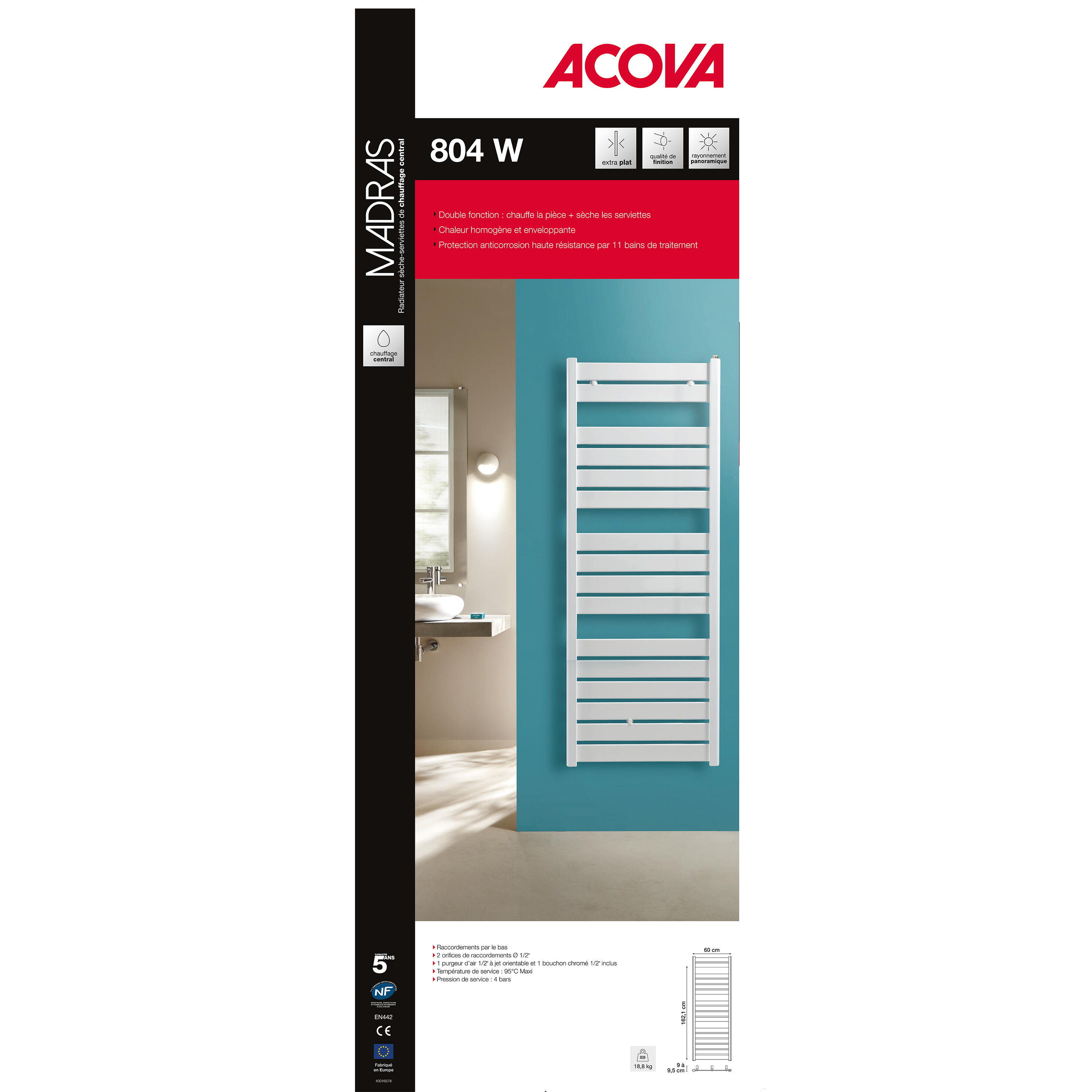 Sèche-serviettes à eau chaude eau chaude ACOVA, 804 W, H.162.1 x l.60 cm Madras  - 6