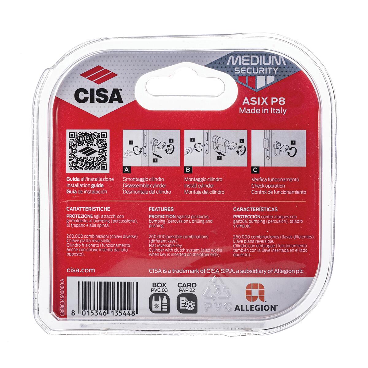 Cilindro Europeo CISA ASIX P8, 30 + 30 mm, 2 ingressi chiave in ottone - 9