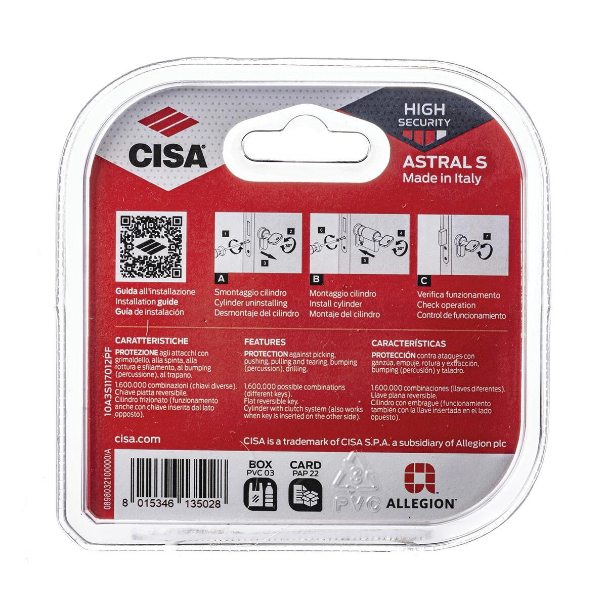Cilindro Europeo CISA ASTRAL SIGILLO, 30 + 50 mm, 2 ingressi chiave in ottone - 9