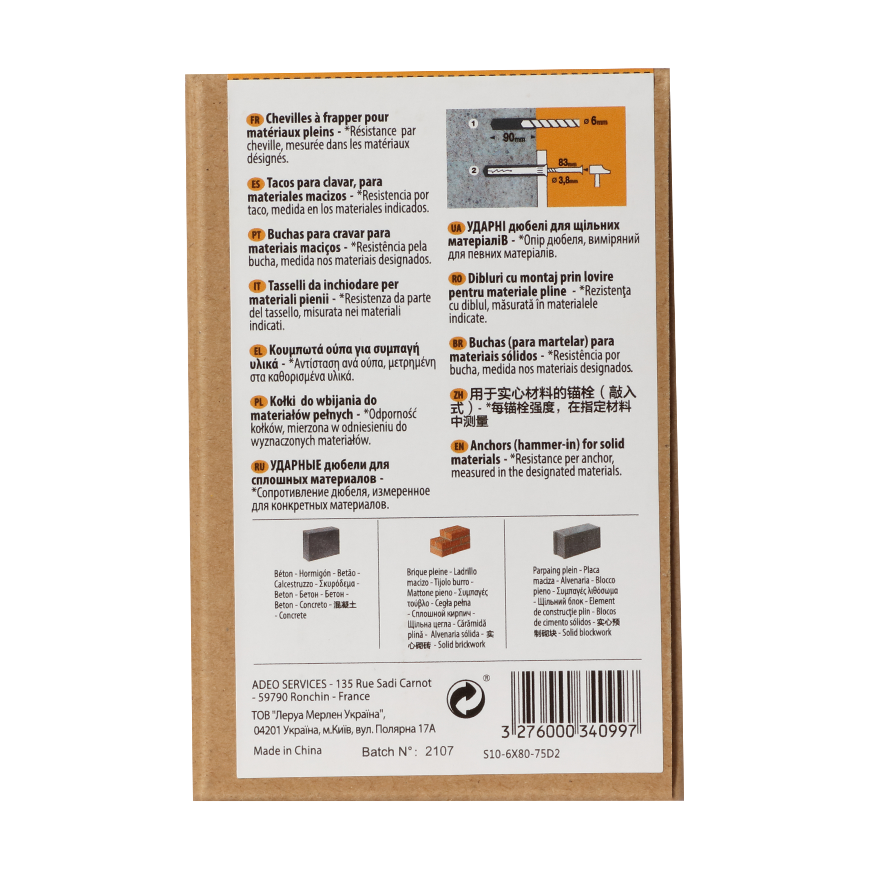 75 chevilles à frapper (brique, béton, parpaing) STANDERS, Diam. 6 x L.80 mm - 5