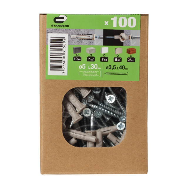 100 chevilles multi-matériaux et vis STANDERS, Diam.5 x L.30mm