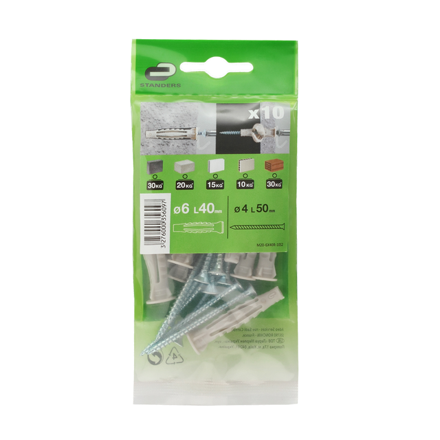 10 chevilles multi-matériaux avec vis STANDERS, Diam.6 x L.40mm
