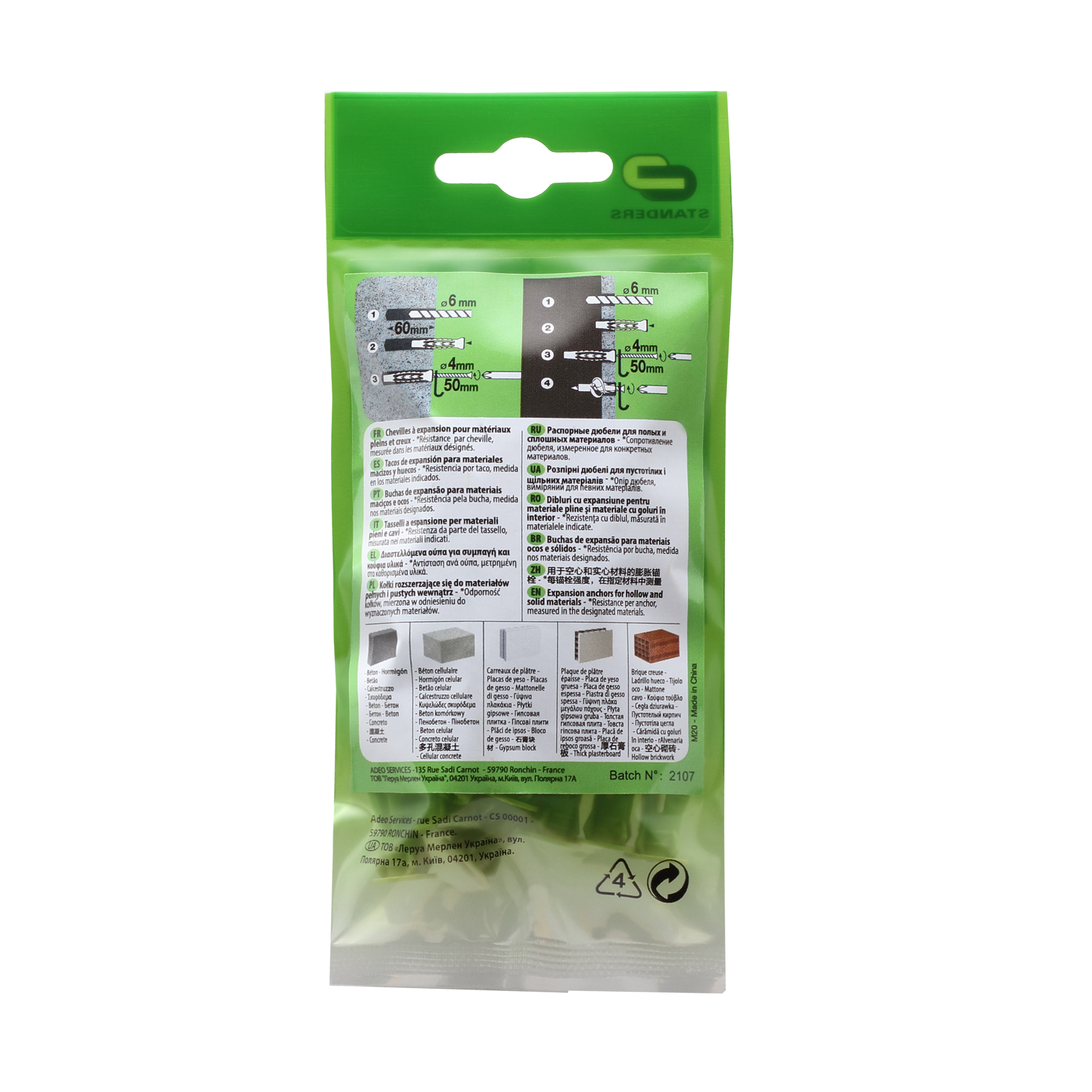 20 chevilles multi-matériaux STANDERS, Ø6 x L.40 mm - 6