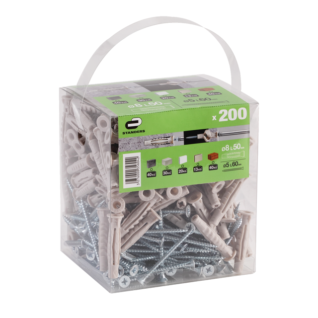 200 chevilles multi-matériaux et vis STANDERS, Diam.8 x L.50mm