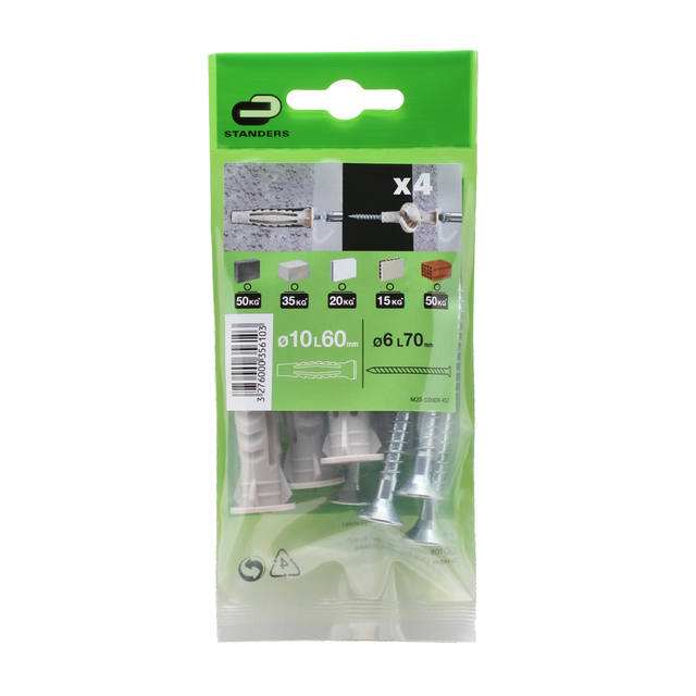 4 chevilles multi-matériaux et vis STANDERS, Diam.10 x L.60mm