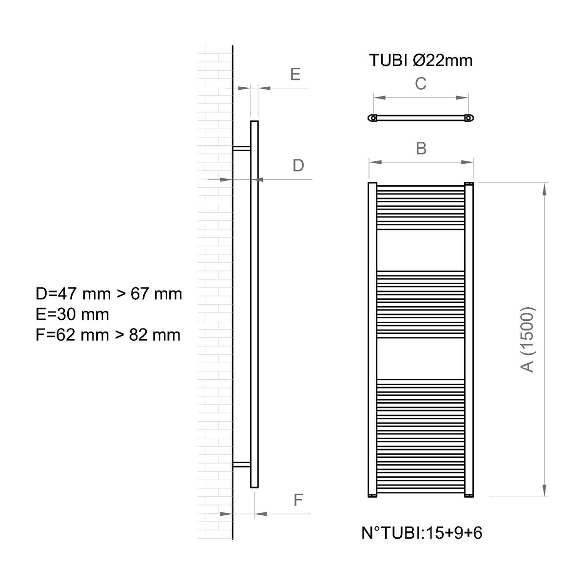 Scaldasalviette ad acqua calda OPERA nero interasse 450 mm, L 50 x H 150 cm - 4