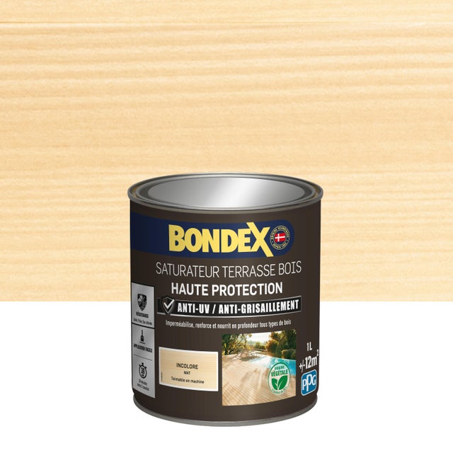 Saturateur terrasse bois anti UV et grisaillement incolore 1 L - BONDEX