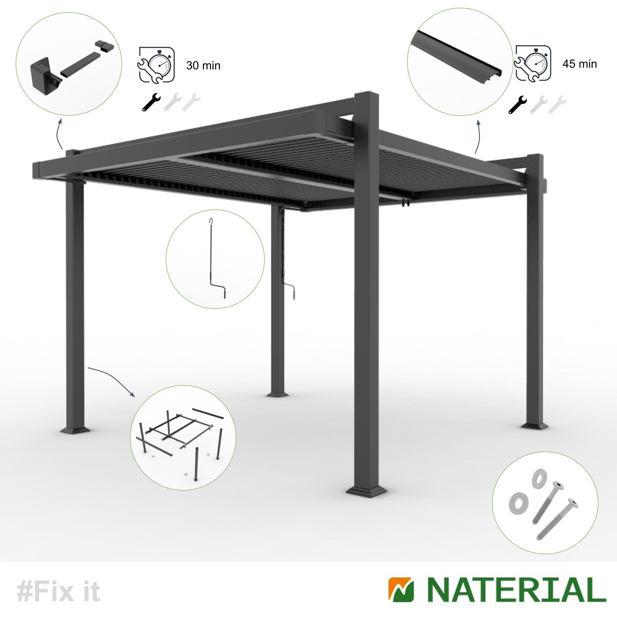 Pergola bioclimatique autoportante NATERIAL Odyssea alu gris anthracite, 11.52 m² - 13