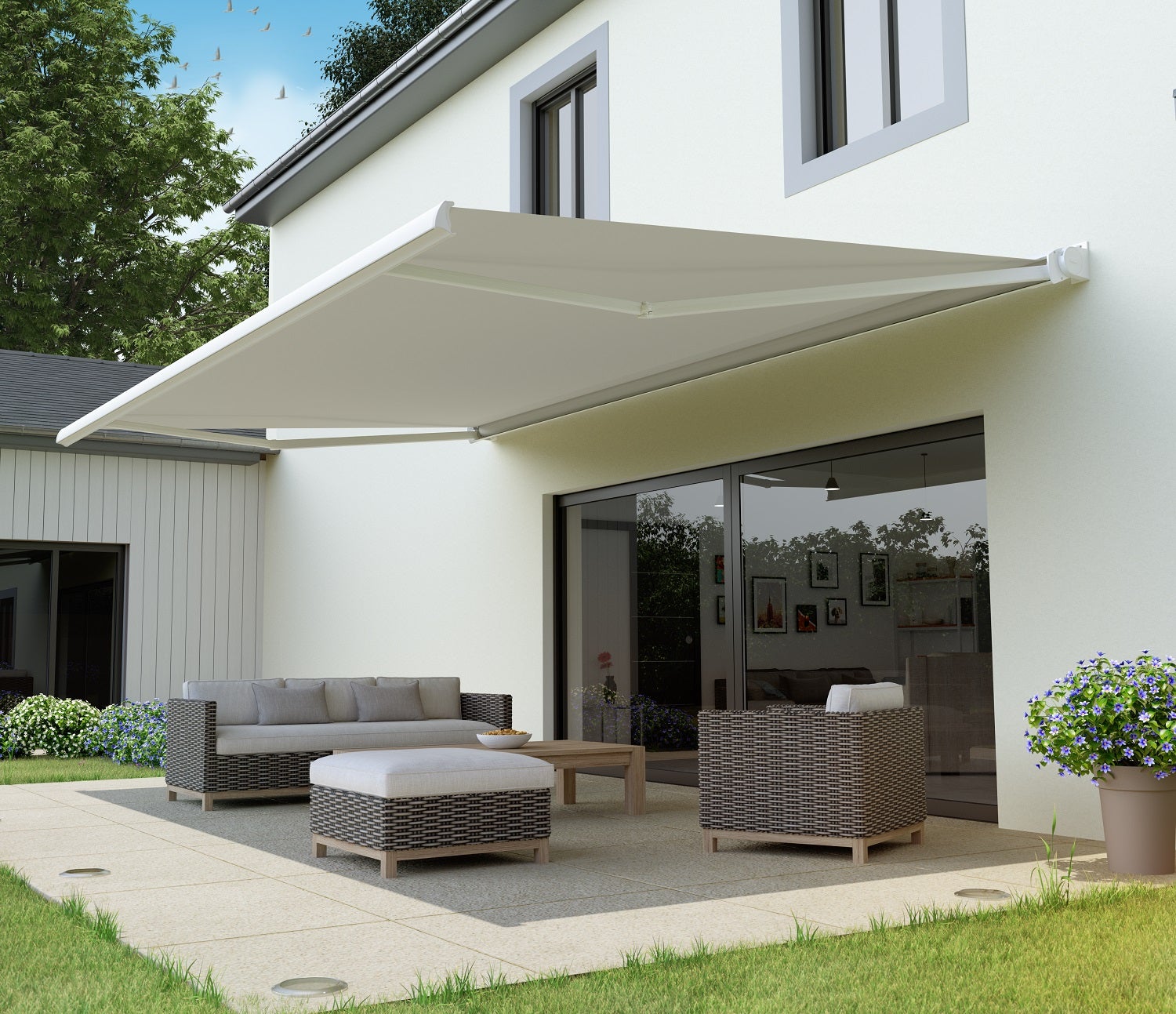 Store banne motorisé 3.95 x 3.5 m Nori 2 L blanc, toile acrylique beige main image 1