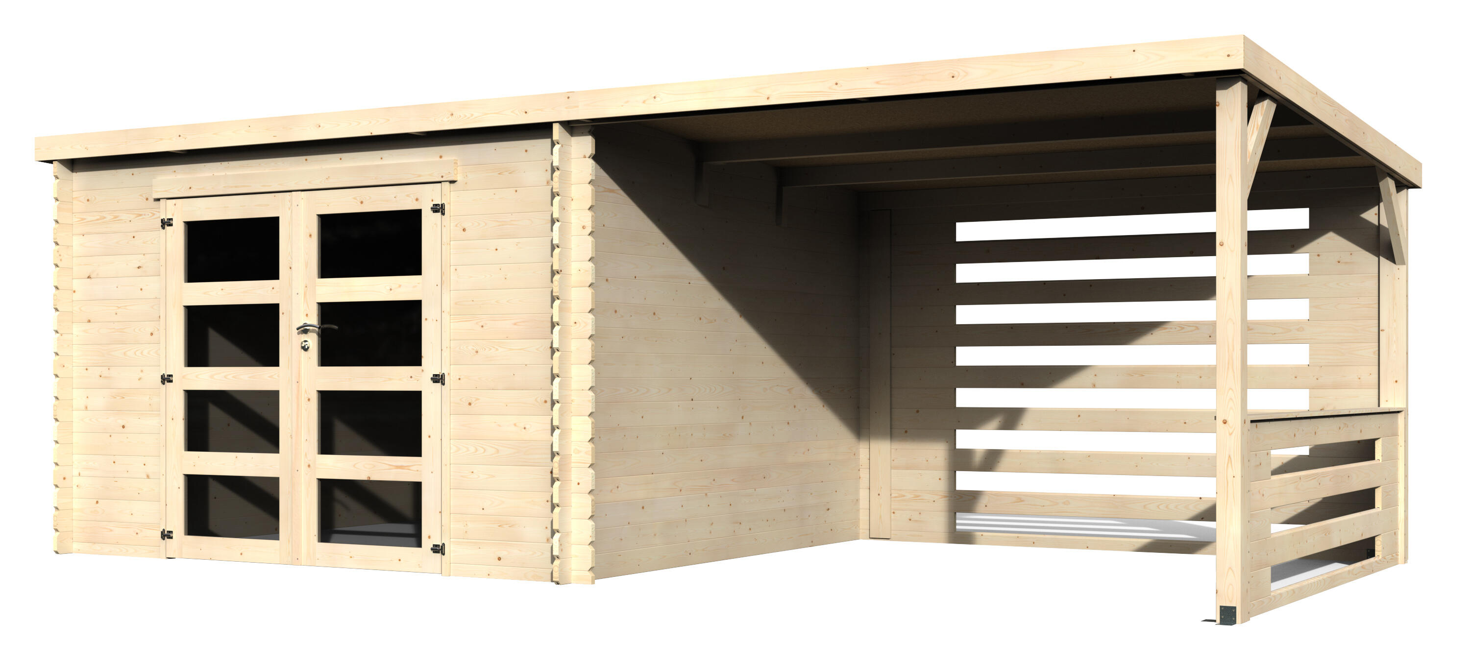 caseta de madera fuji techo plano de 610x209x301 cm y 1802 m2 con 28 mm espesor y doble puerta abatible decor et jardin