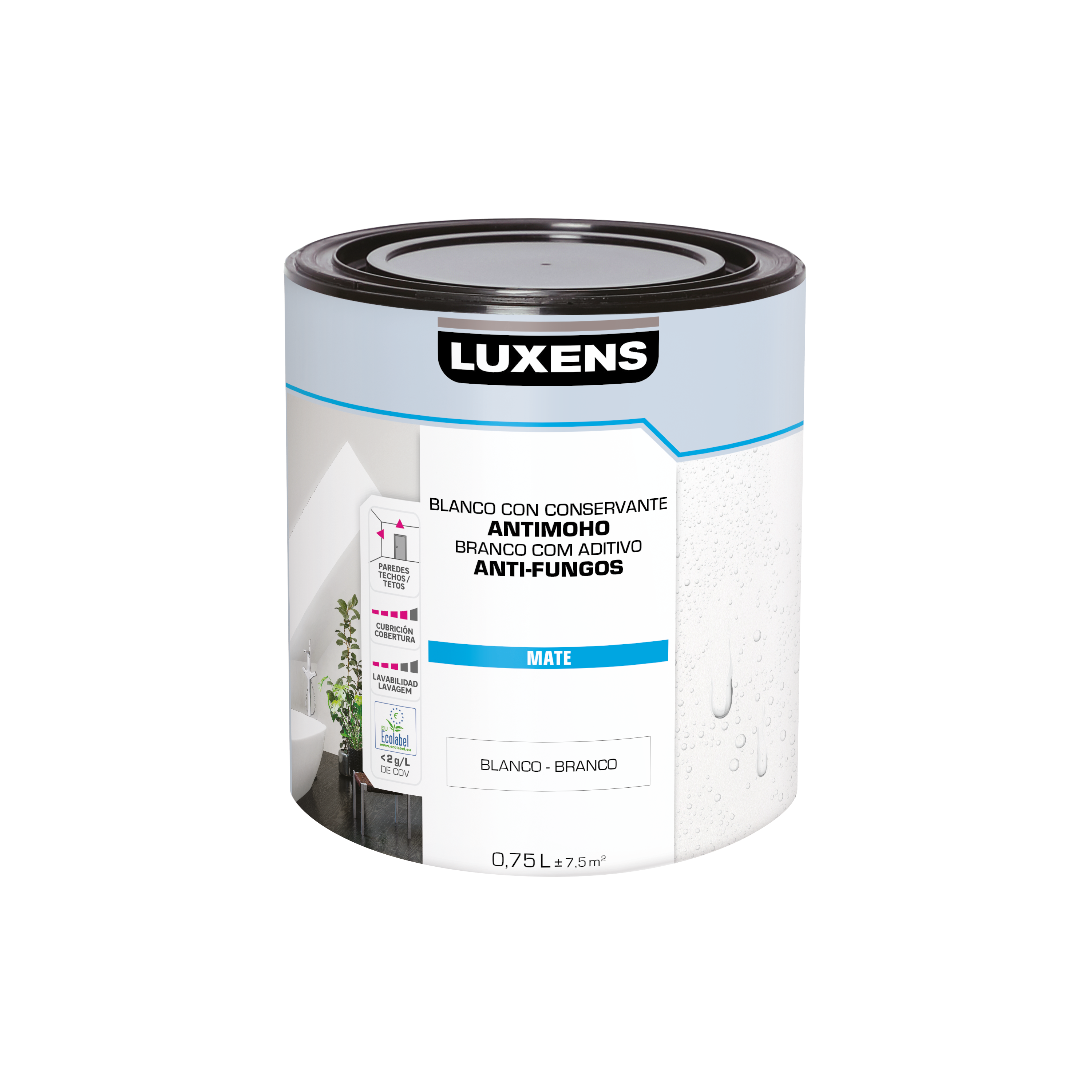 Pintura de interior antimoho luxens color blanco mate 750ml para paredes y techos