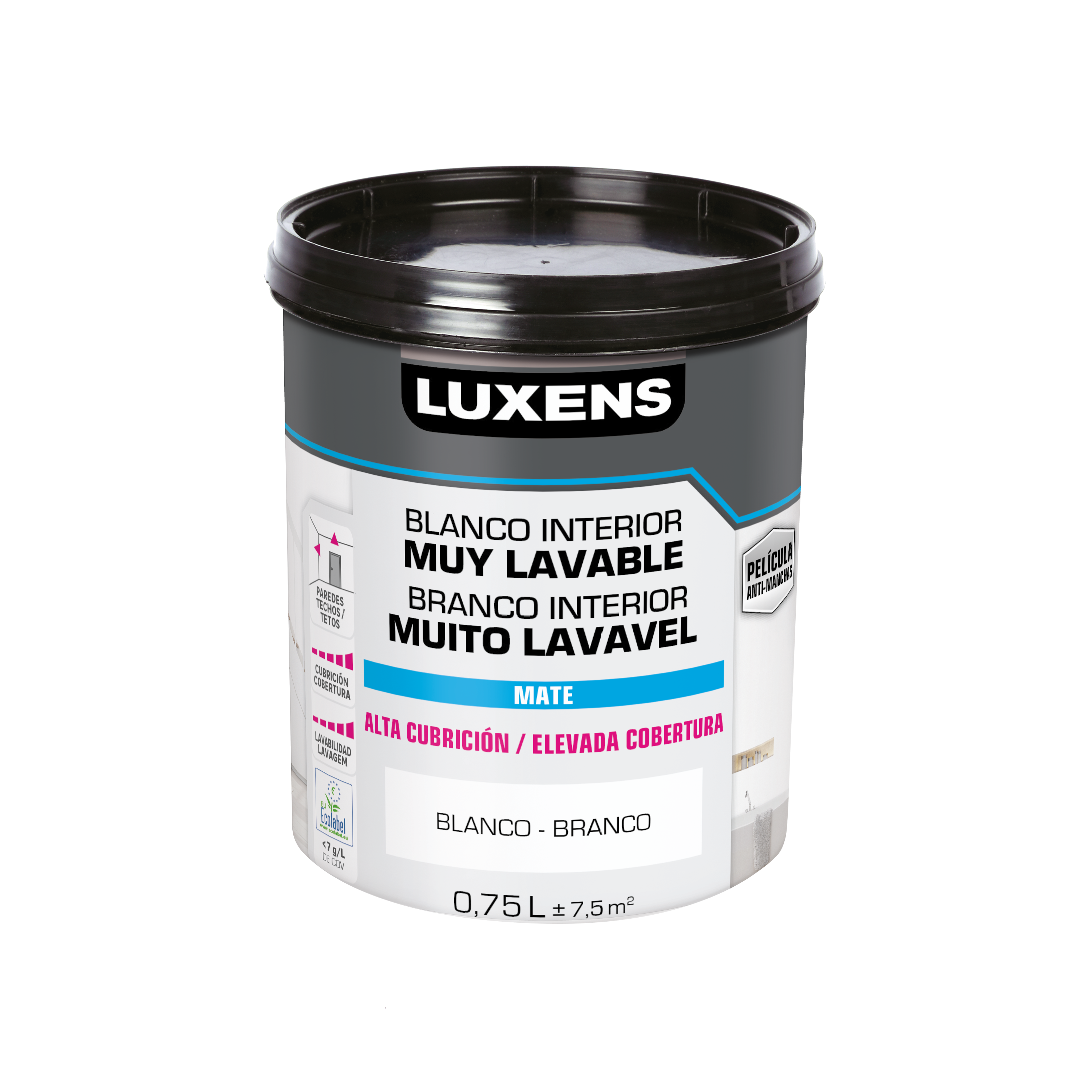 Pintura de interior ultralavable blanca luxens mate 750ml para paredes y techos