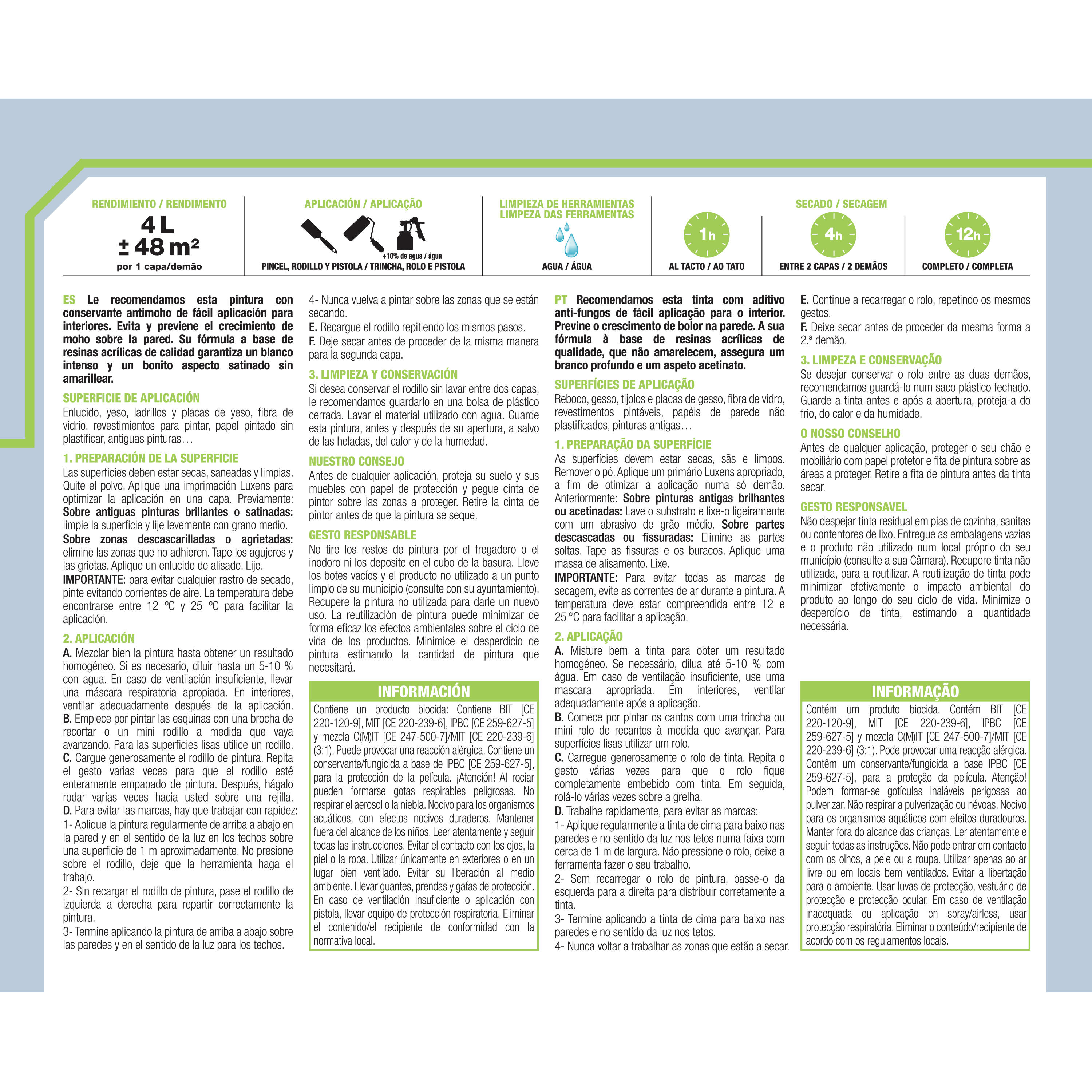 Pintura de interior antimoho LUXENS color blanco satinado 4L para paredes y techos - 6