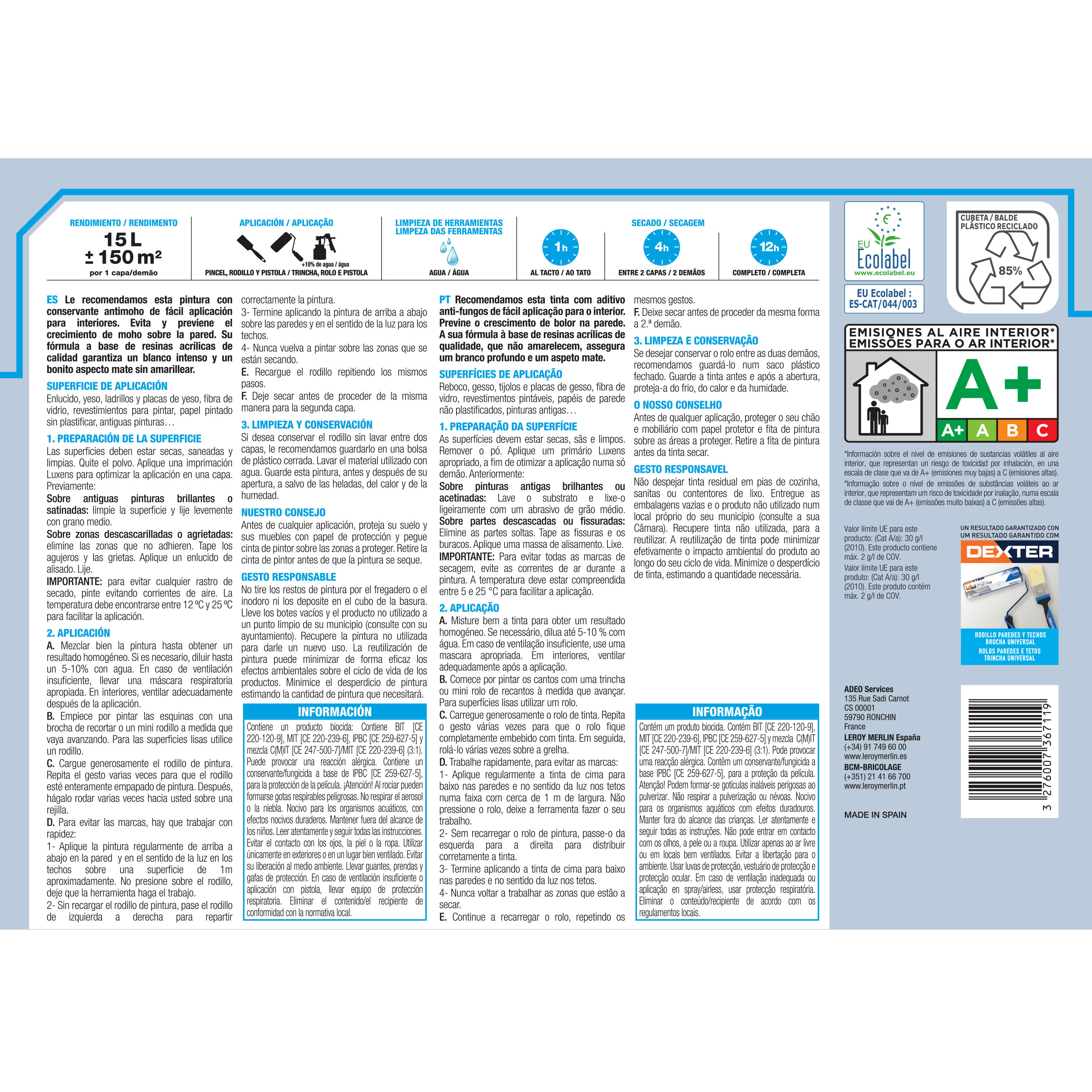 Tinta interior parede anti fungos luxens branco mate 15L - 2