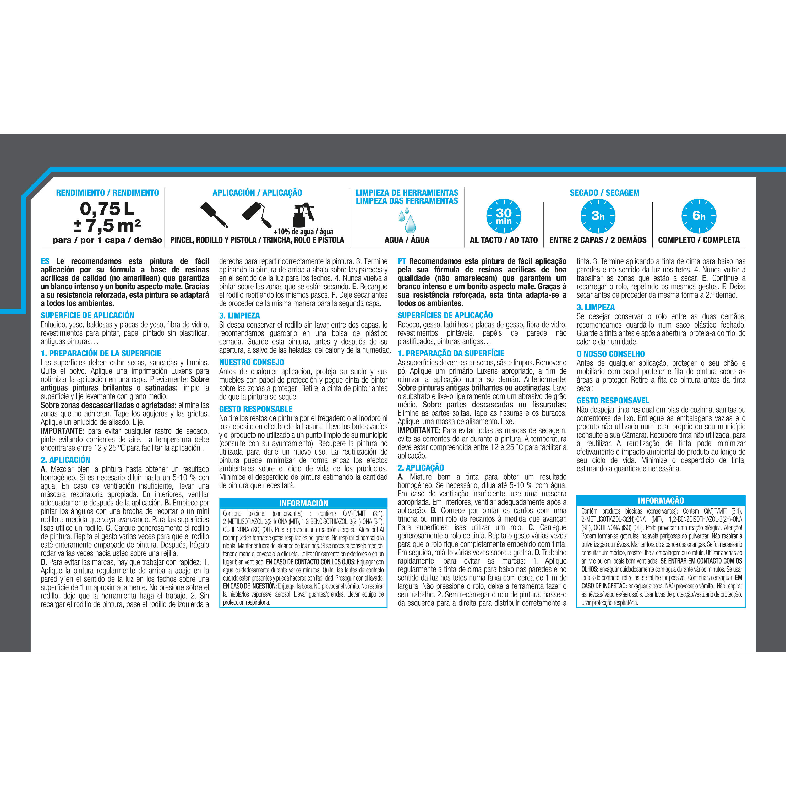 Pintura de interior ultralavable blanca LUXENS mate 750ml para paredes y techos - 6