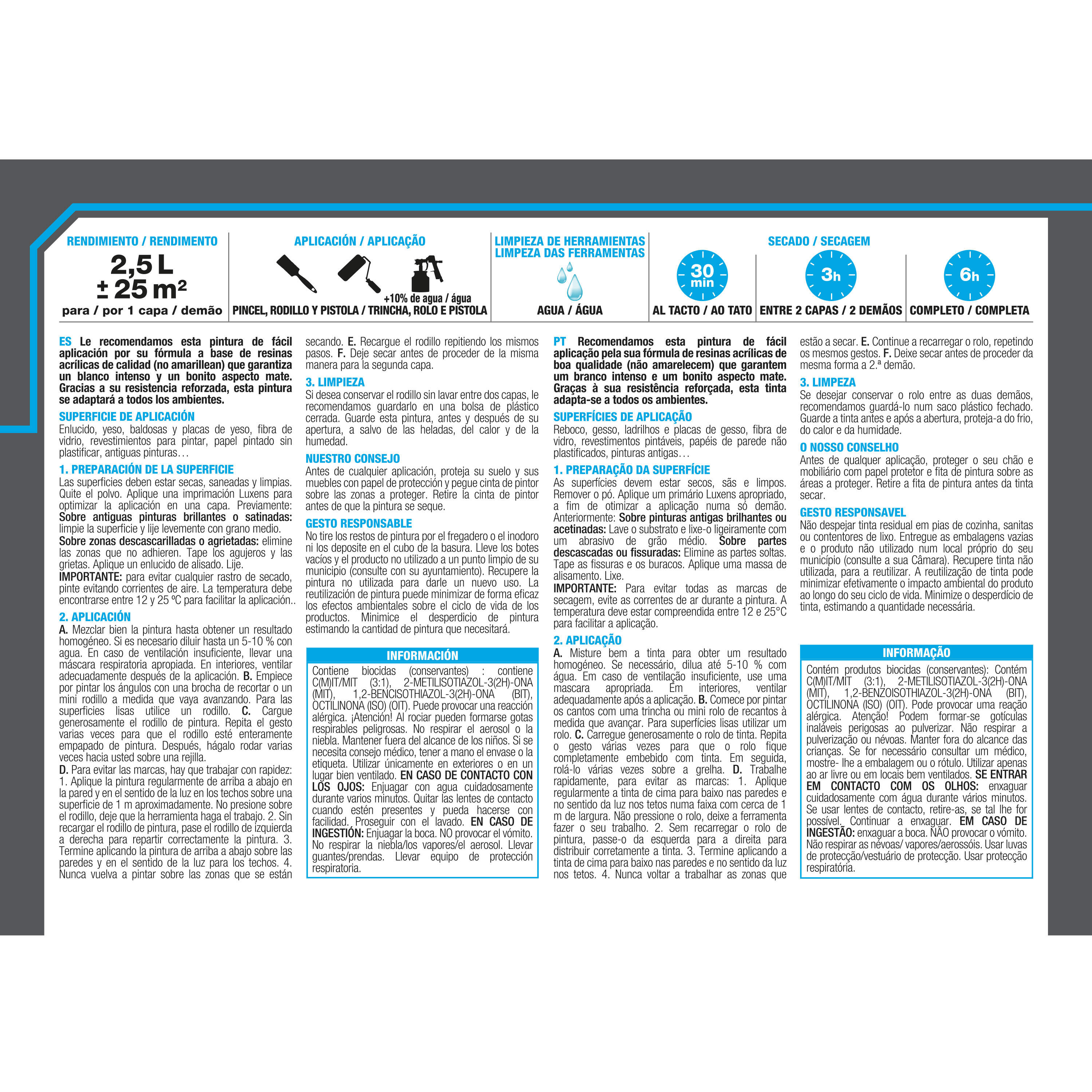 Pintura de interior ultralavable blanca LUXENS mate 2.5L para paredes y techos - 7